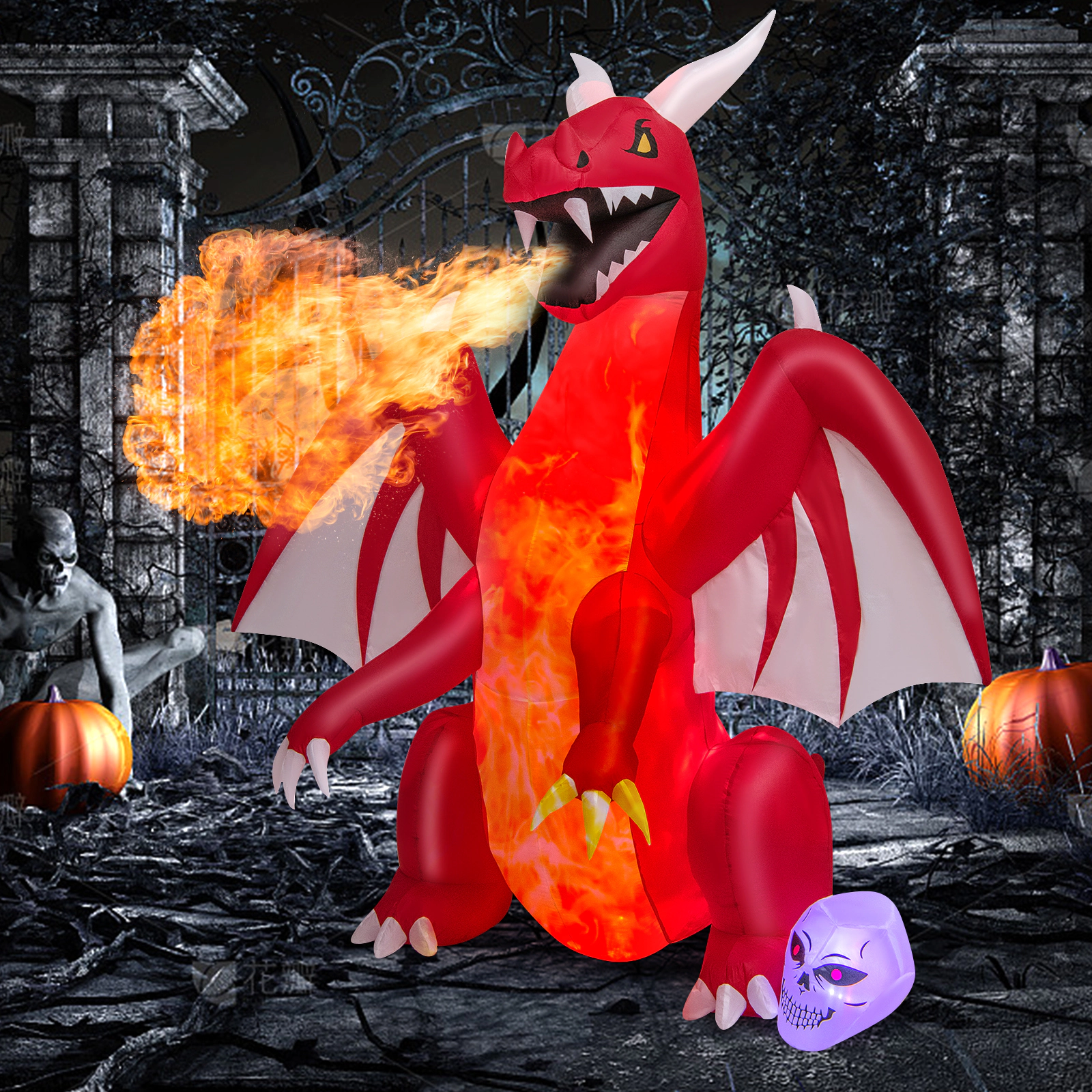 LJG 8 Feet Halloween Inflatables Blow-up Red Dragon with Wings Skull