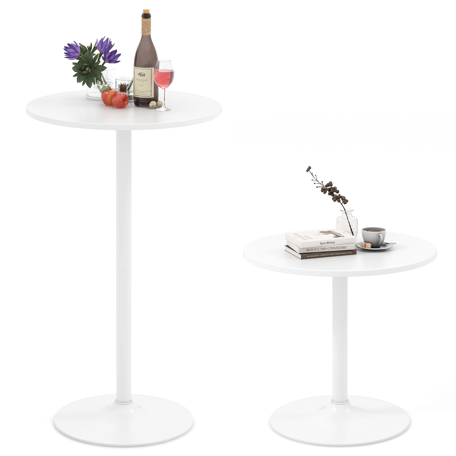 SUGIFT Round Adjustable Bistro Table Set of 2 24-in Top 40-in or 22-in Tall 120-Lb Capacity White/Black