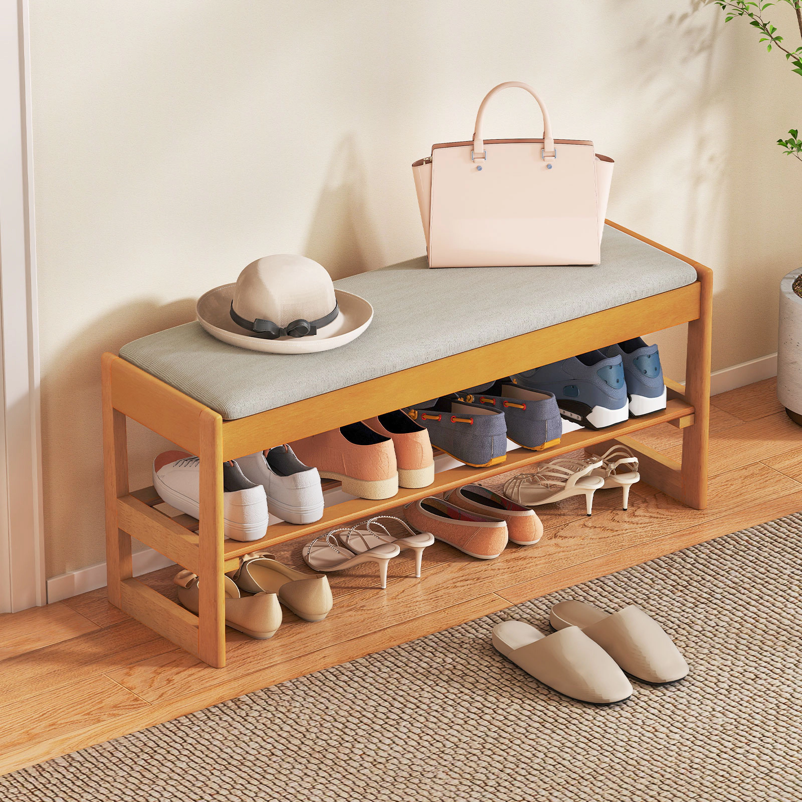 LJG Shoe Rack Bench with Storage 2-Tier Rubberwood Entryway Bench