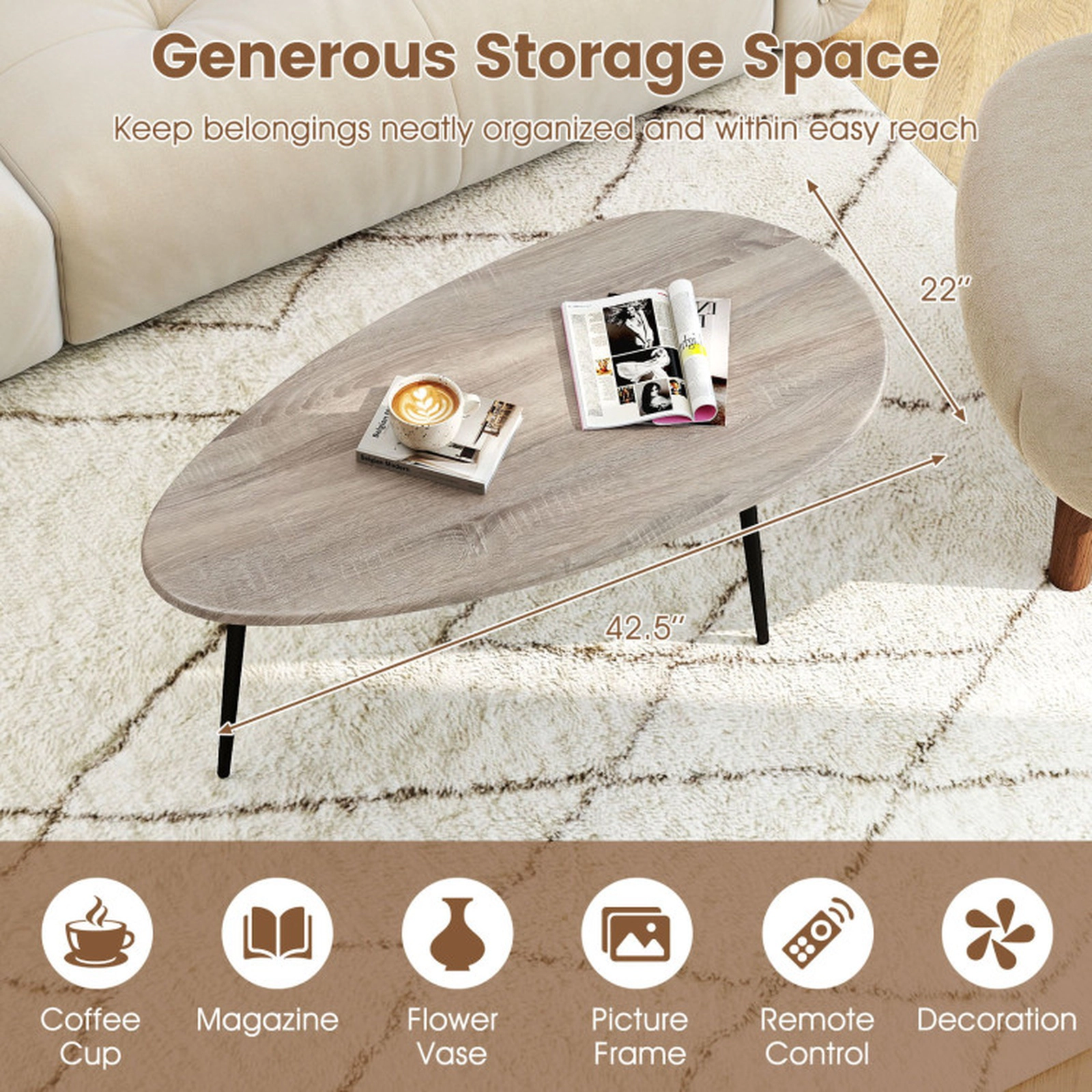 SUGIFT 42.5-in 99-lb Capacity Oval Mid Century Gray Coffee Table with Metal Frame and Adjustable Pads
