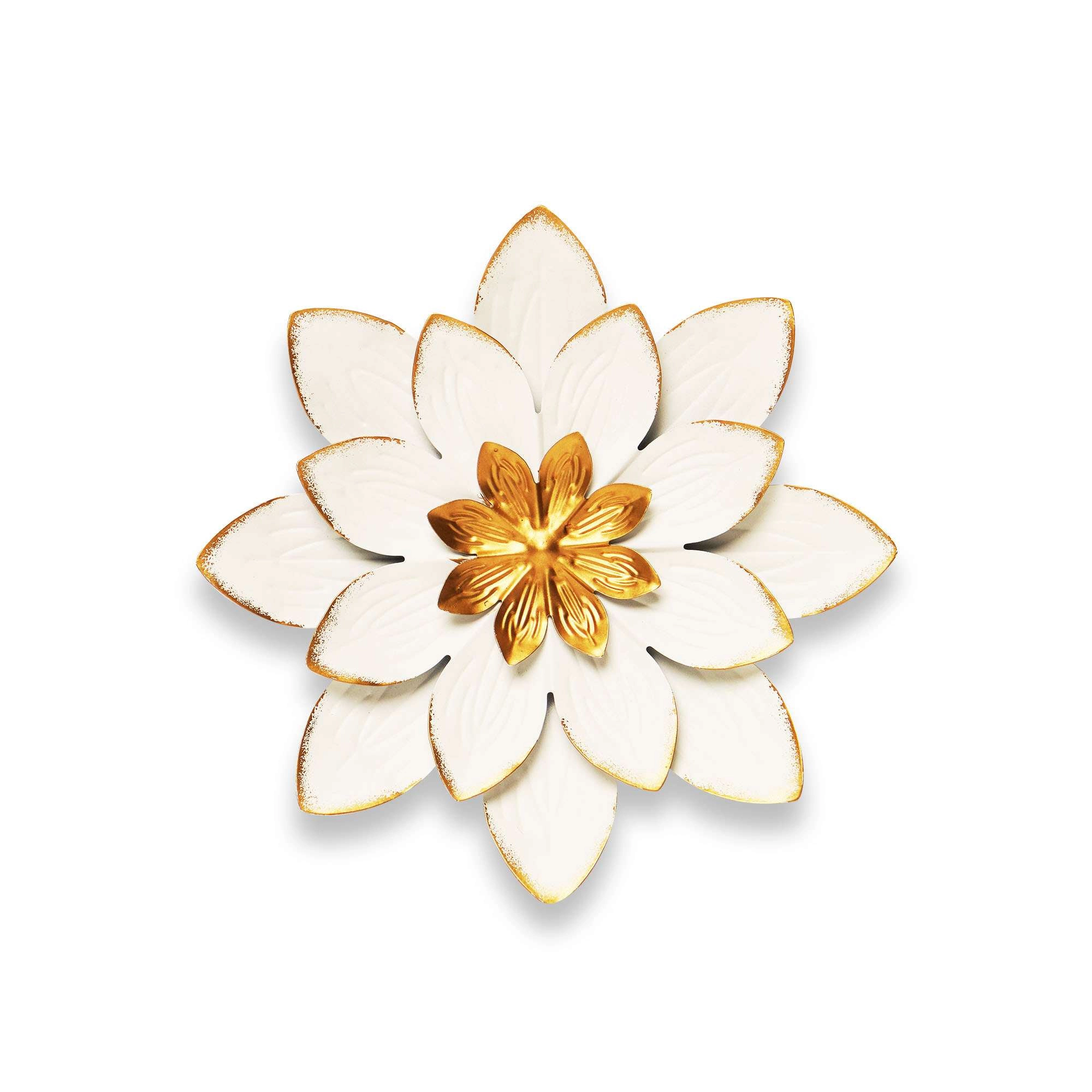 G128 9 in White and Gold Flower Metal Wall Art - Rustic Floral Wall Hanging for Indoor and Covered Outdoor Spaces