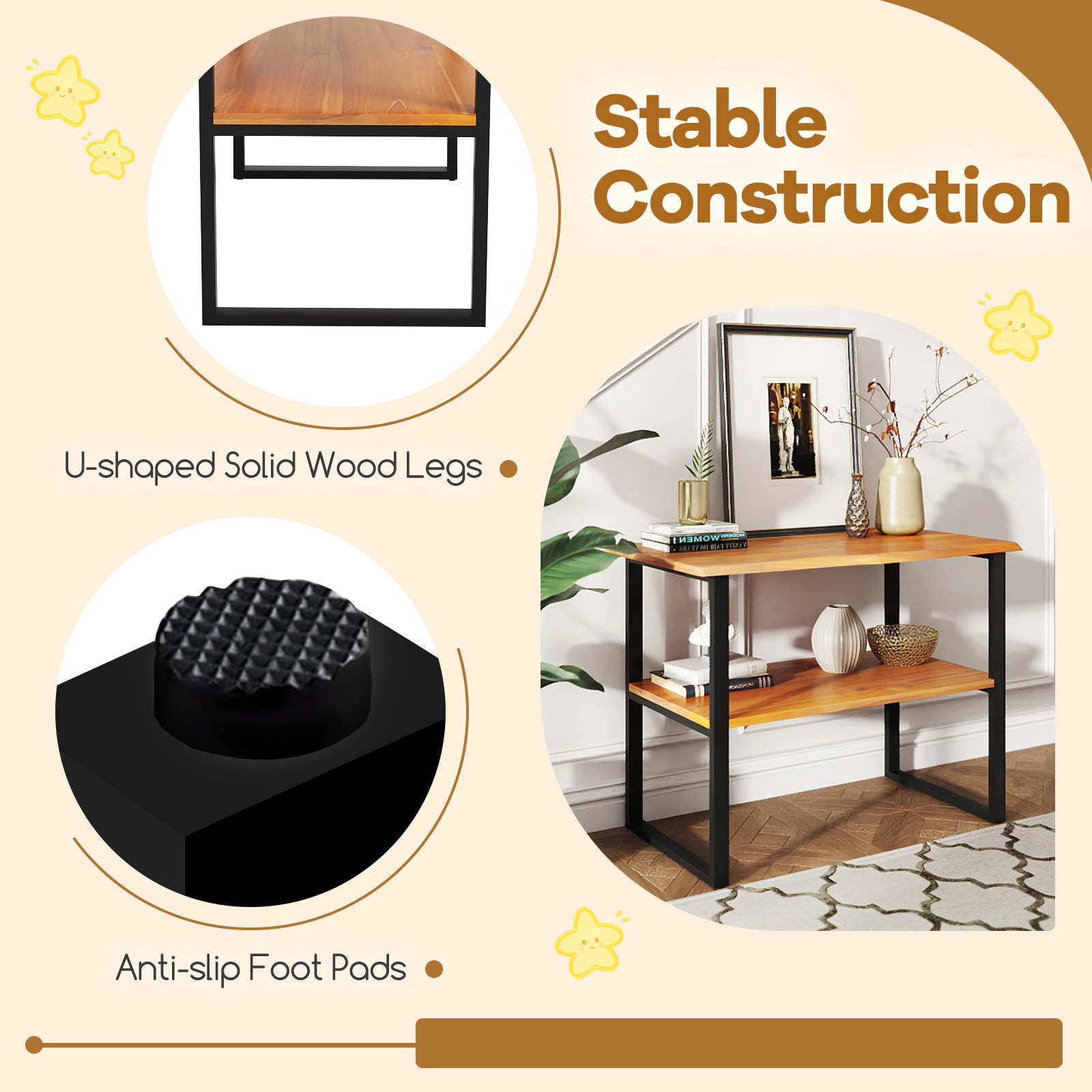 Glintex 2-Tier Solid Teak Wood Console Side Table with Open Shelves, Natural