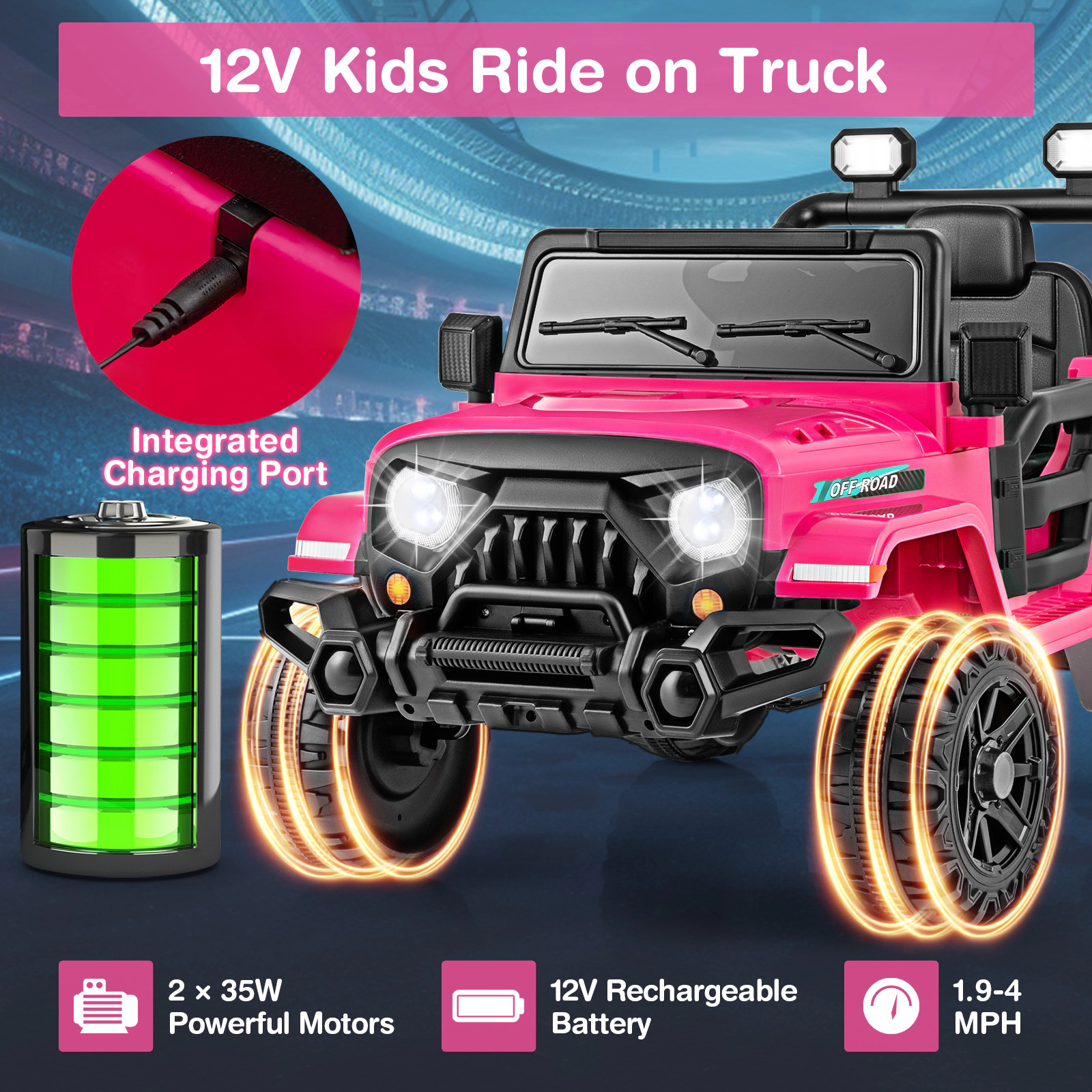 Hivvago 12V Kids Ride on Truck Car with Remote Control Threaded Wheels and 3 Speeds