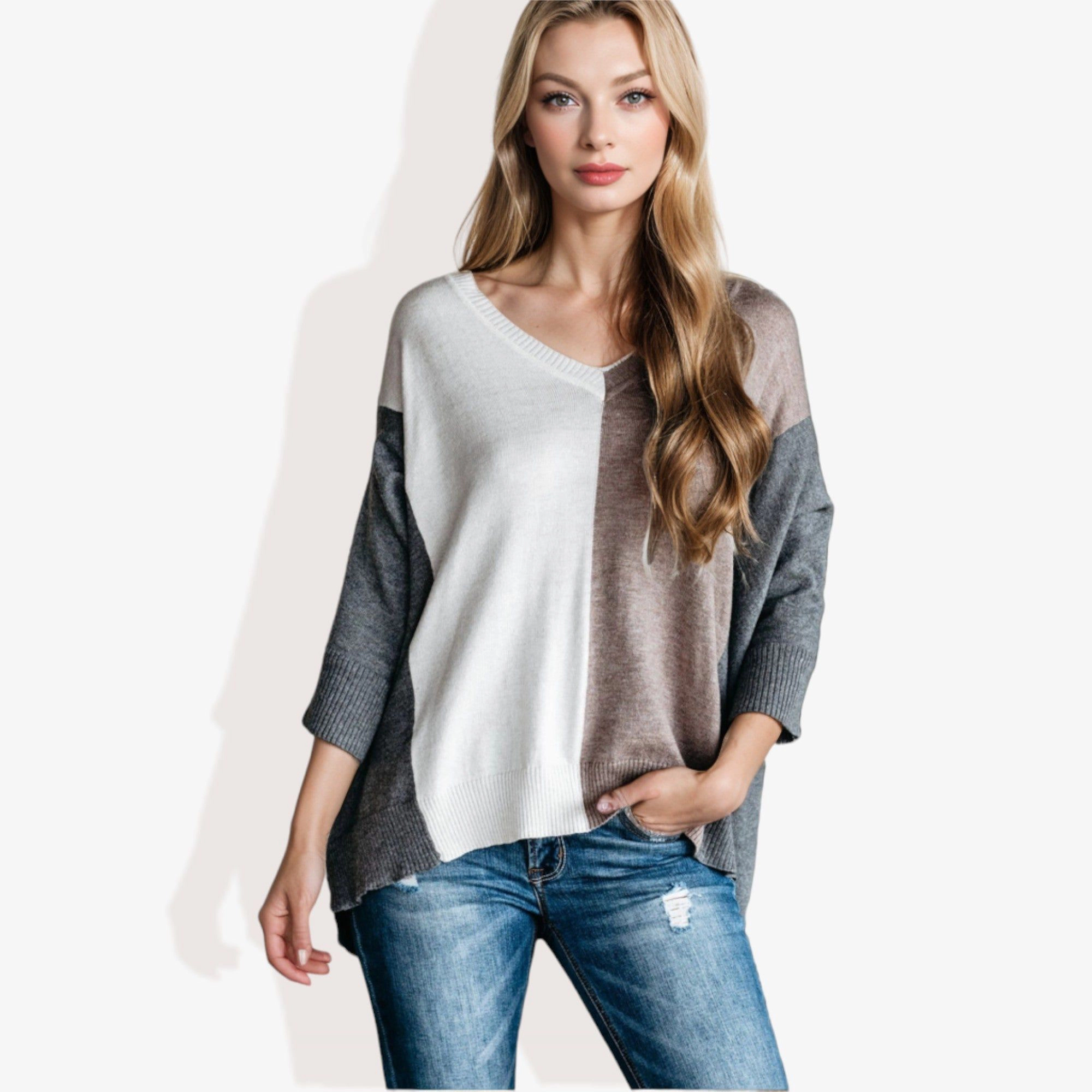 Anna-Kaci Women's V-Neck Patchwork Multicolor One Shoulder Sweater for Casual Looks