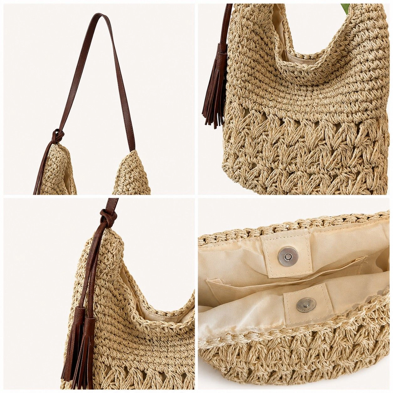 Alilang Women's Woven Hobo Shoulder Bag with Magnetic Closure and Slouchy Straw Style Texture, Khaki