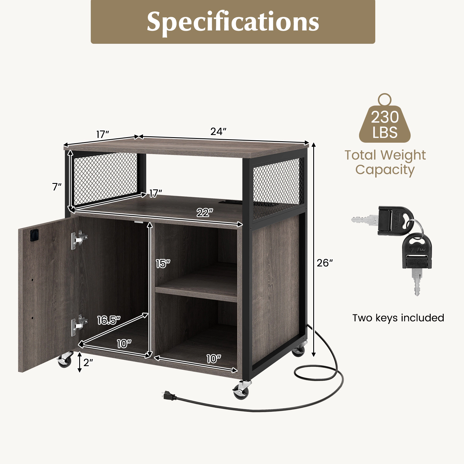SUGIFT Mobile File Cabinet with Charging Station, Lockable Cabinet and Adjustable Shelves 230-lb Capacity Gray