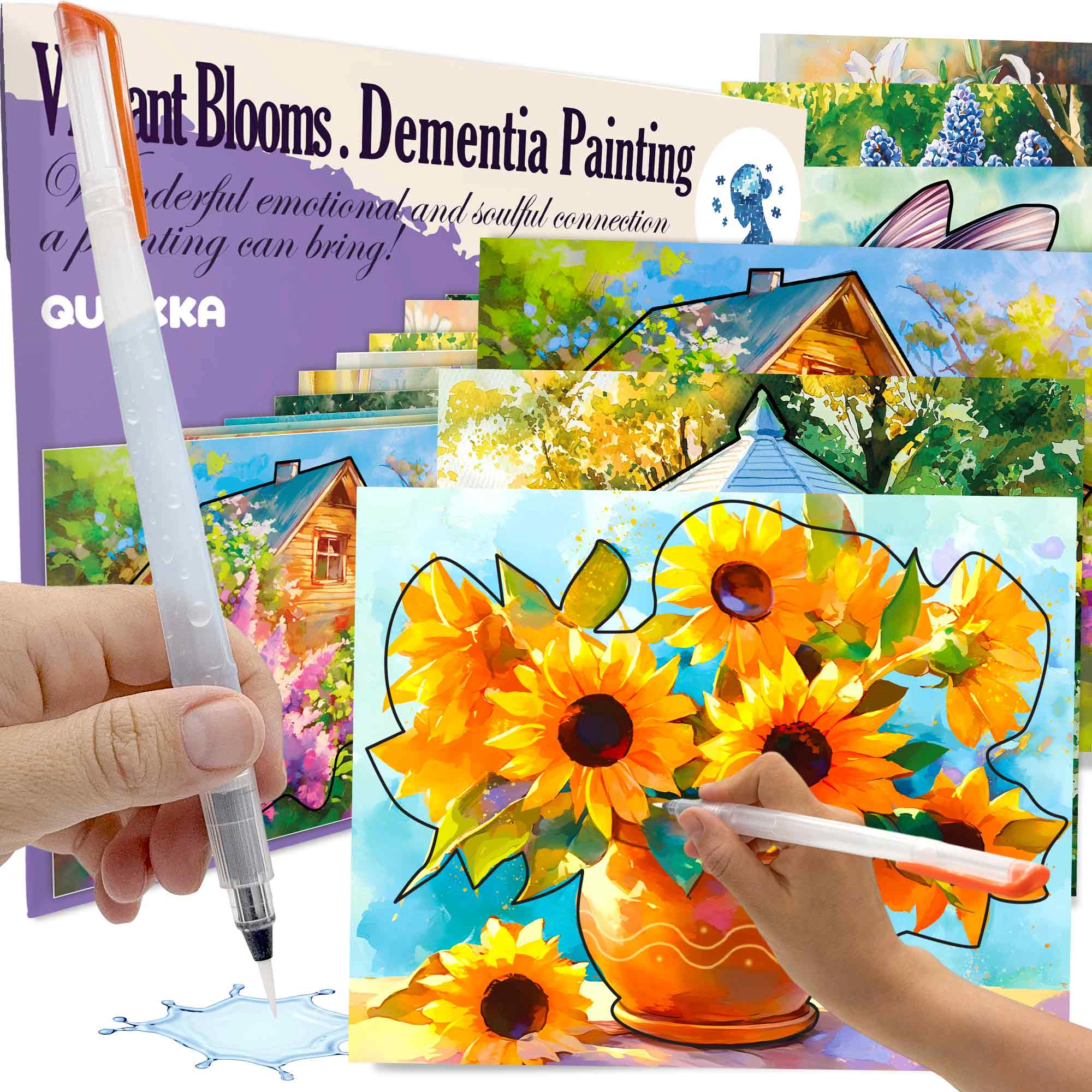 QUOKKA Dementia-Friendly Water Painting Kit for Seniors, 10 Reusable Themes, Cognitive Activities