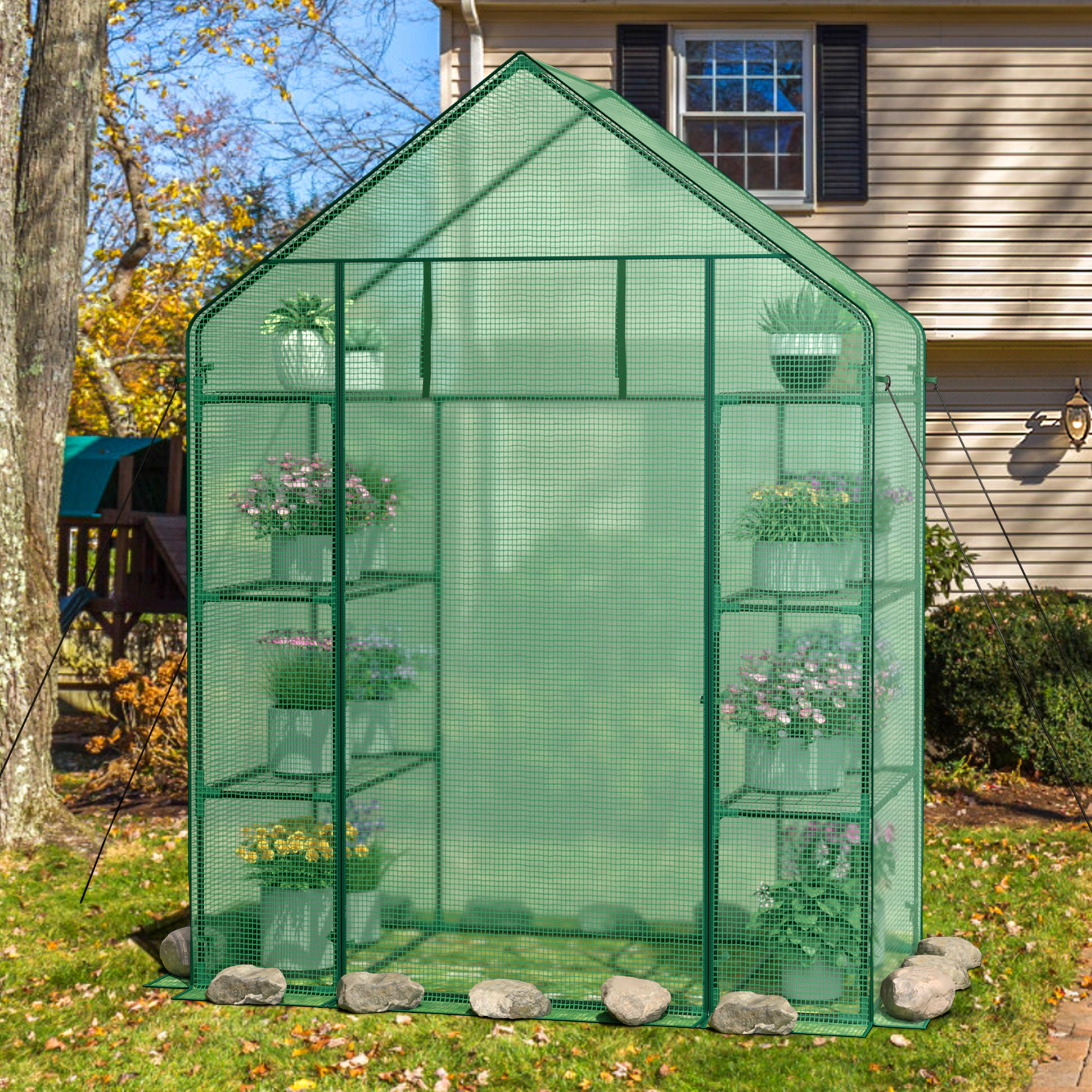 SUGIFT Green 56-in x 29-in Portable Walk-in Greenhouse with 8 Shelves 4 Tiers and PE Mesh Cover