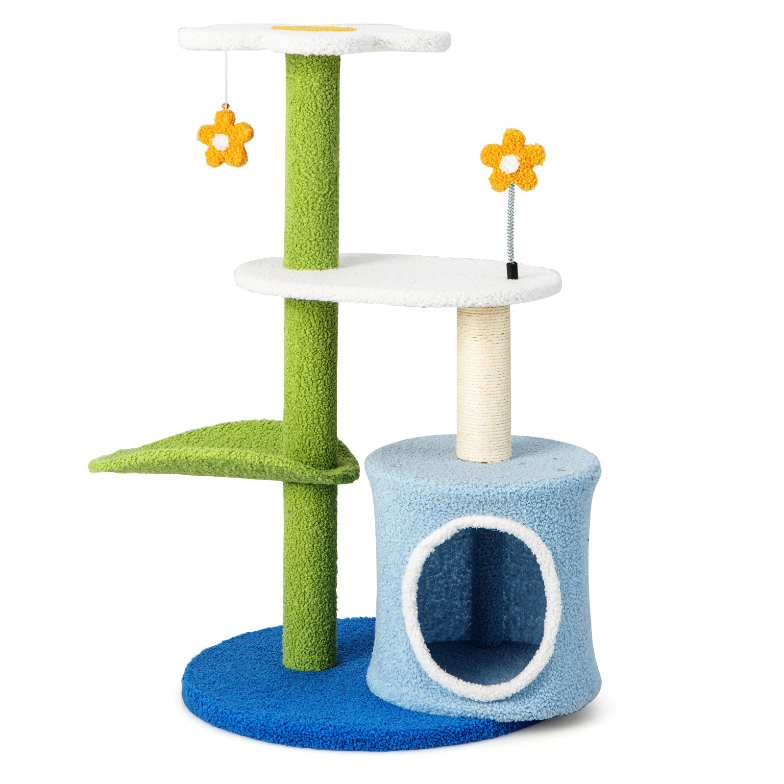 SUGIFT Blue 34.5 in 4-Tier Cat Tree with Leaf-Shaped Perch Condo and Jingling Balls
