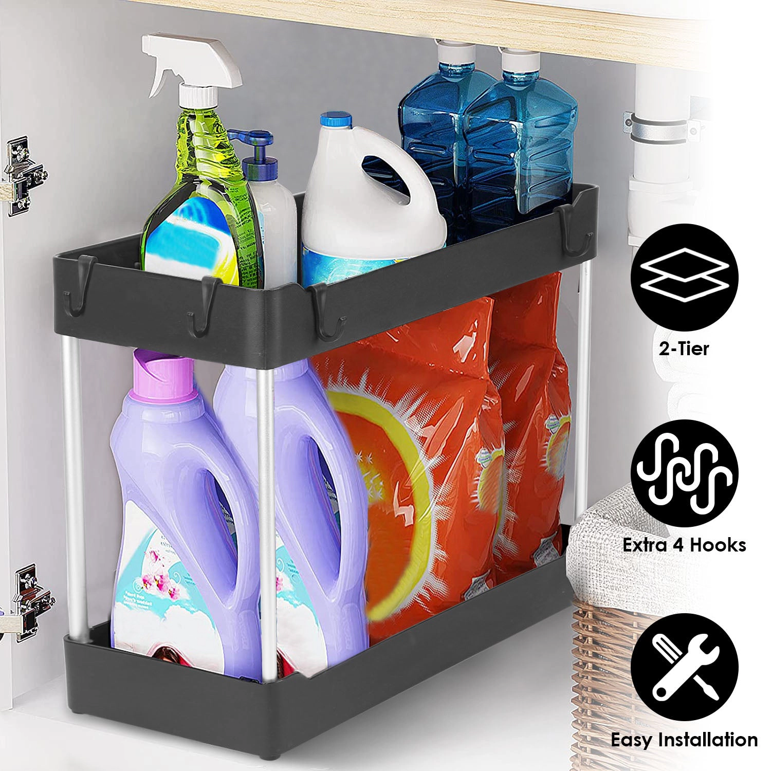 GBruno 2-Tier Under Sink Organizer With 4 Hooks