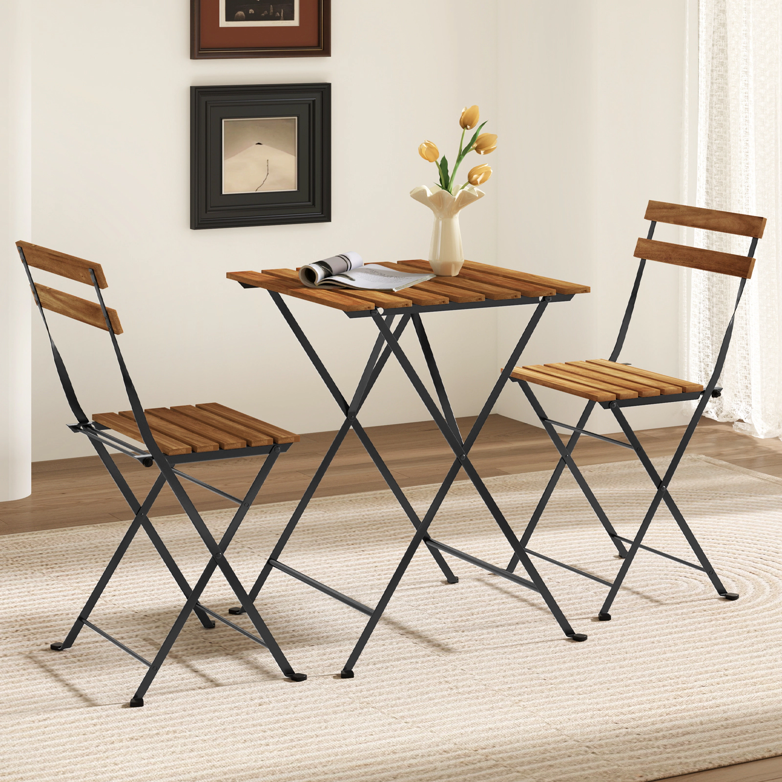 SUGIFT Folding Bistro Dining Set with Slatted Seat and Tabletop 330-lb Chair Capacity 165-lb Table Capacity Brown