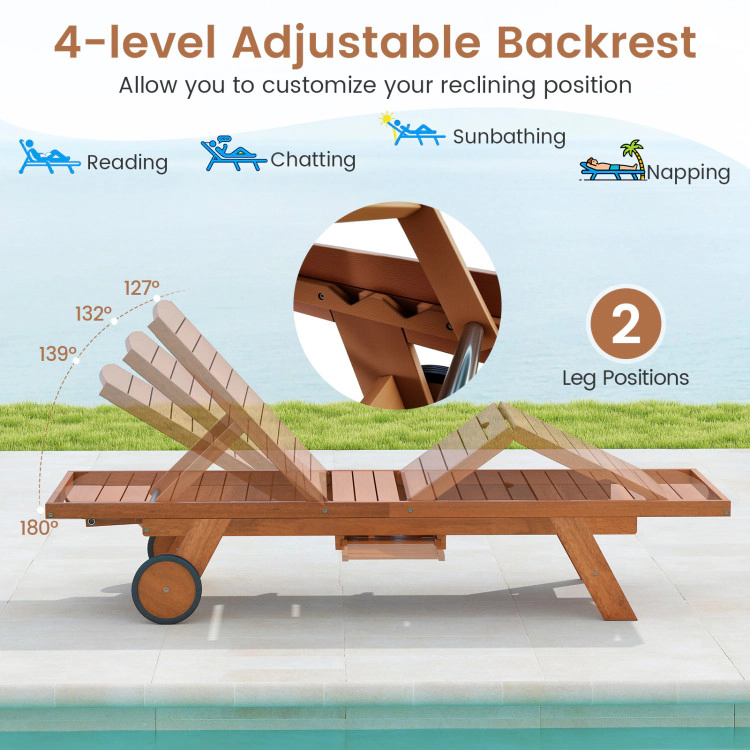 Hivvago Outdoor Chaise Lounge Chair With Wheels 4-Position Patio Wood Recliner With Adjustable Backrest