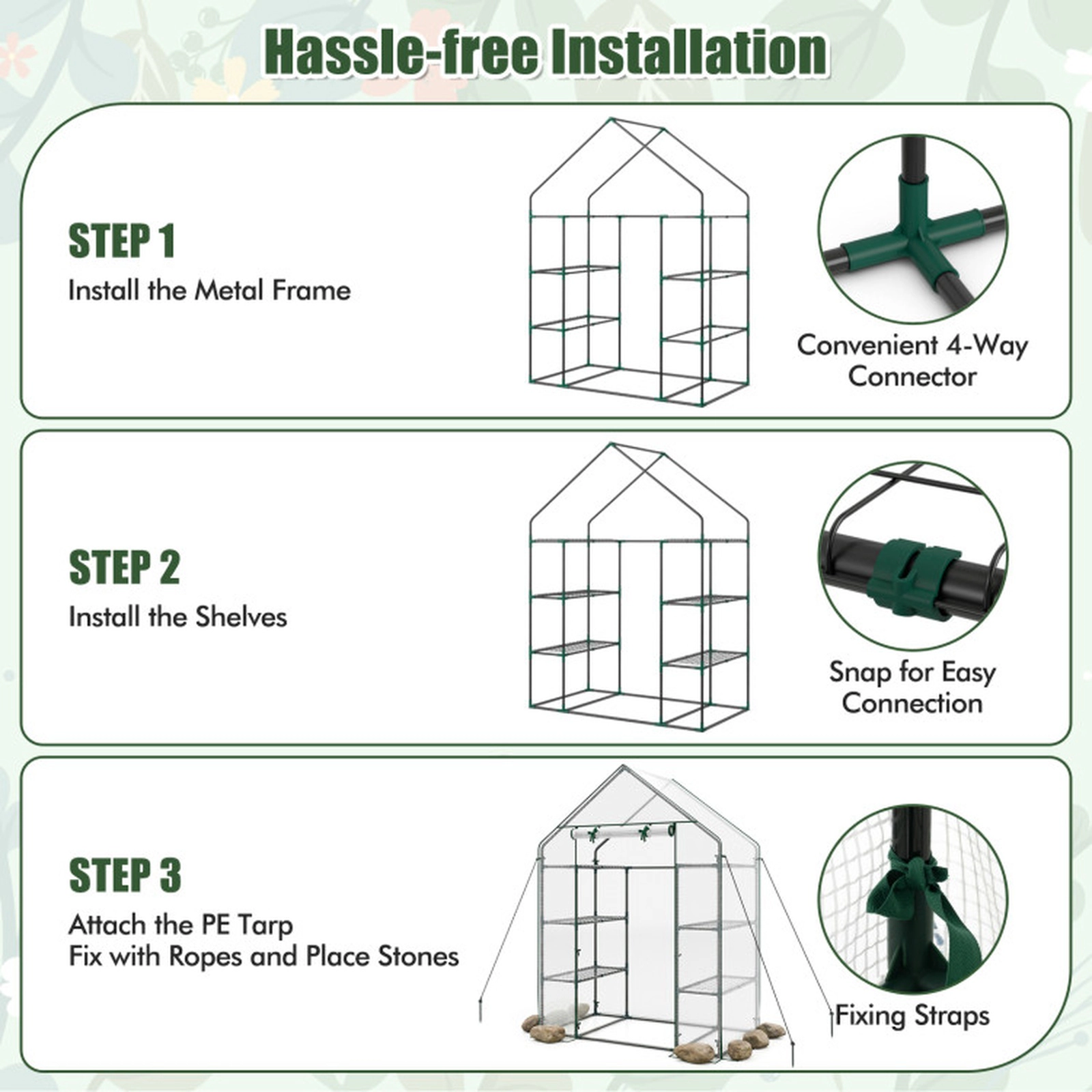 SUGIFT Portable Walk-in Greenhouse with 3 Tiers and 6 Shelves PE Cover Green