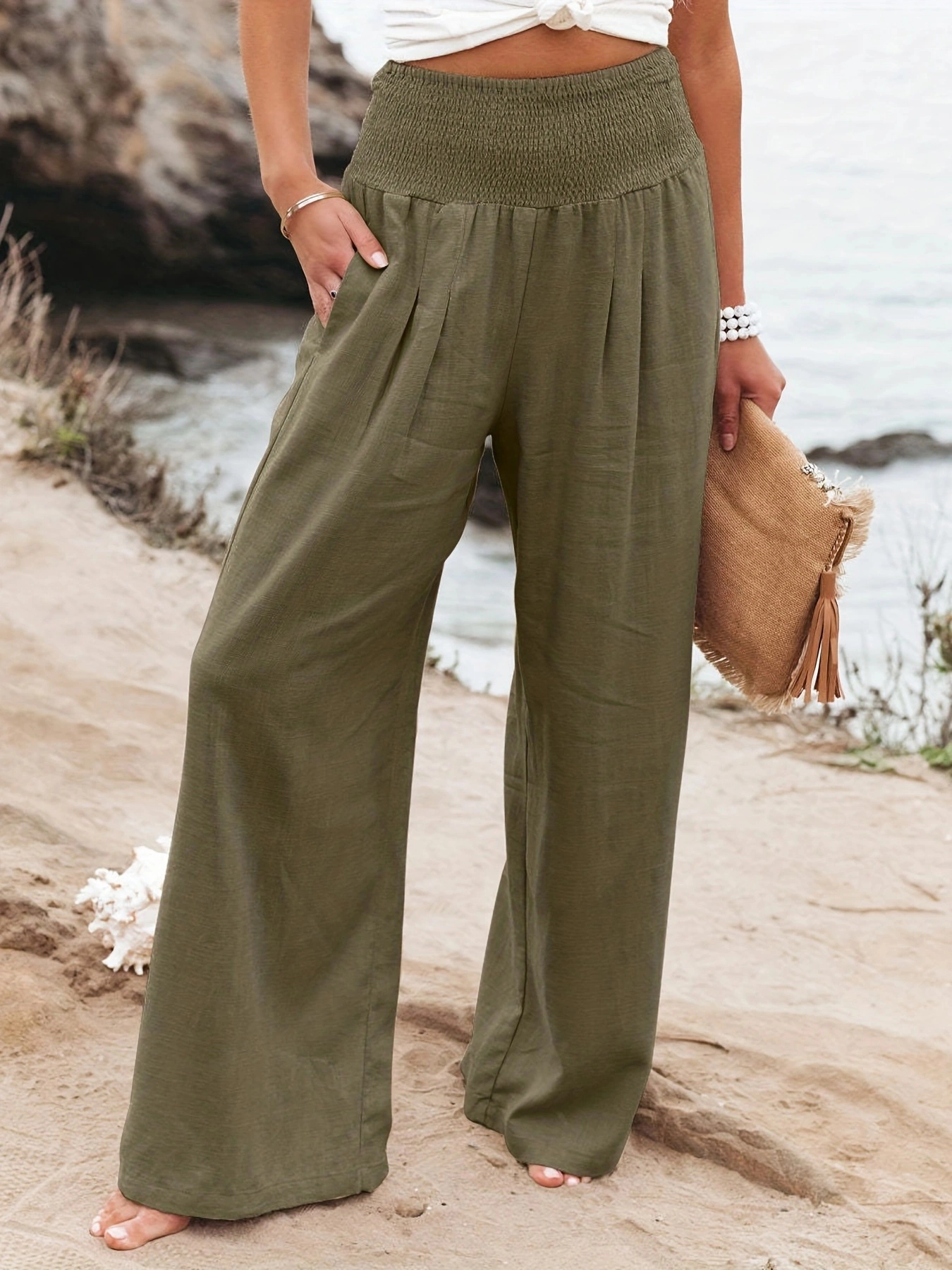 KOJOOIN Womens Elastic High Waisted Palazzo Pants Casual Wide Leg Trousers with Pocket