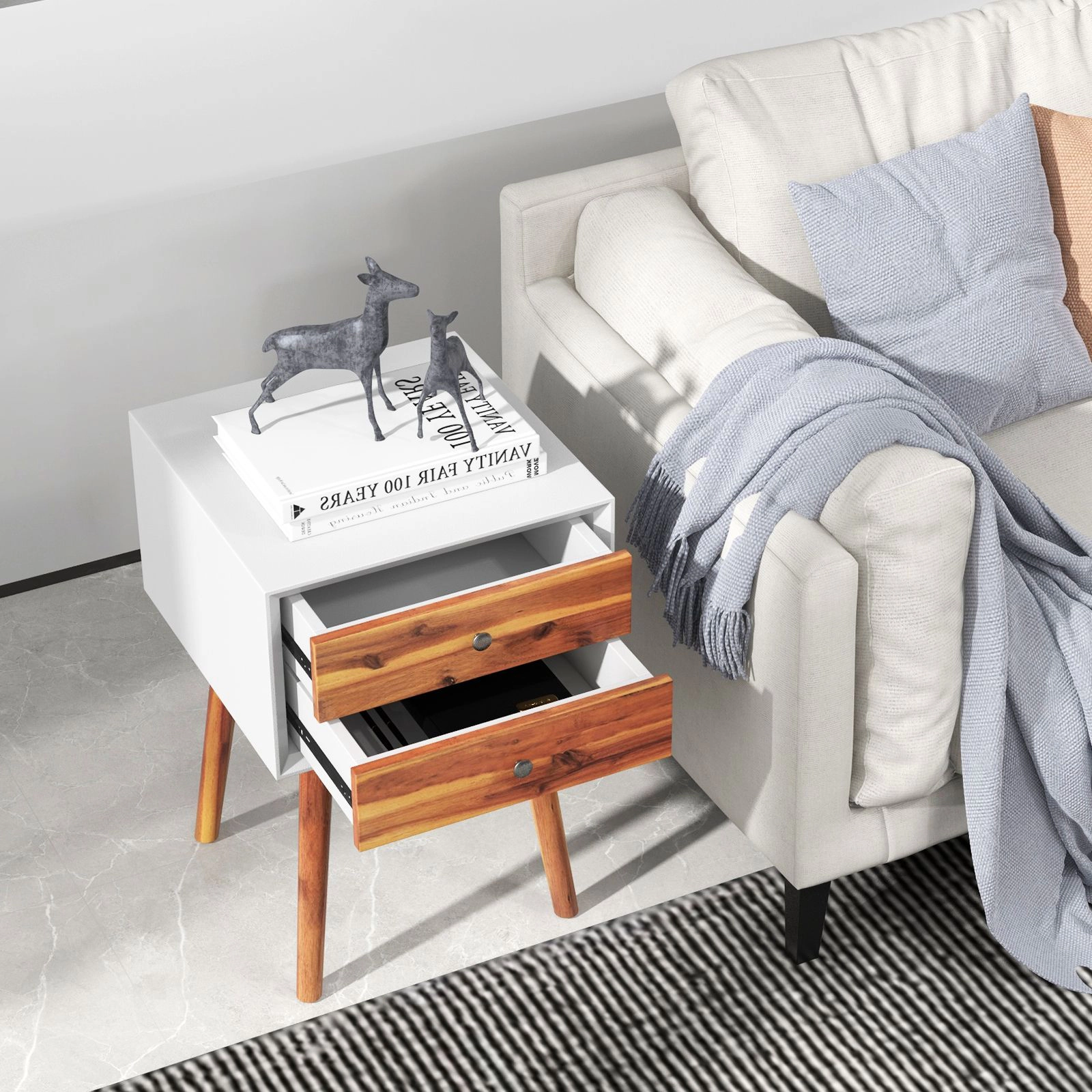 SlickBlue Modern Bedside Table with 2 Drawers and Wood Legs