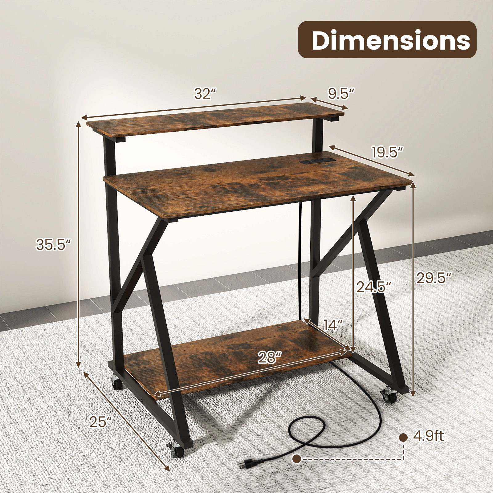 SUGIFT 32 in Rolling Computer Desk Rustic Brown for Small Spaces with Power Outlets