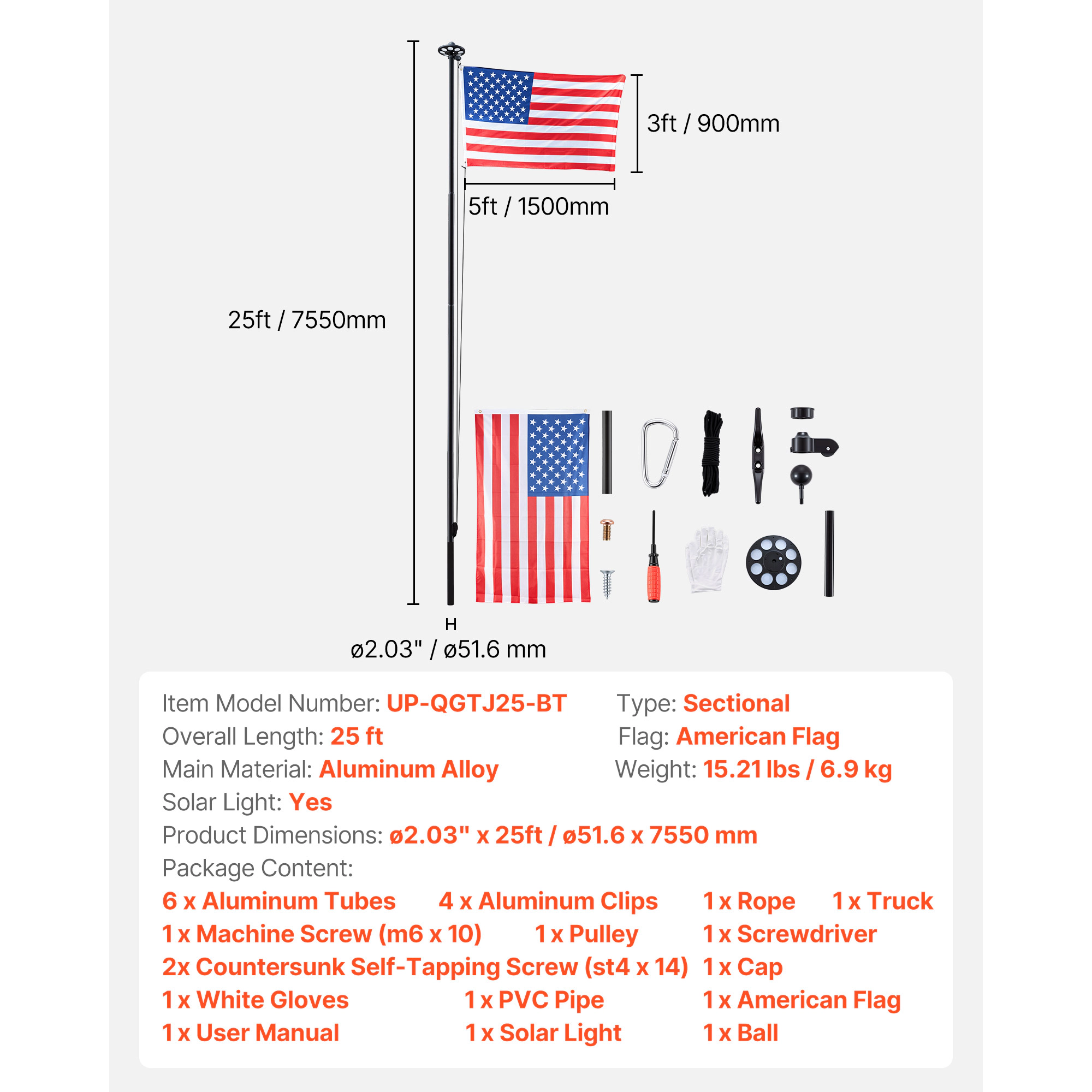 HONGGE Flag Pole Heavy Duty Sectional Flagpole Kit with 136 LED Solar Light for Outside House In Ground Outdoor