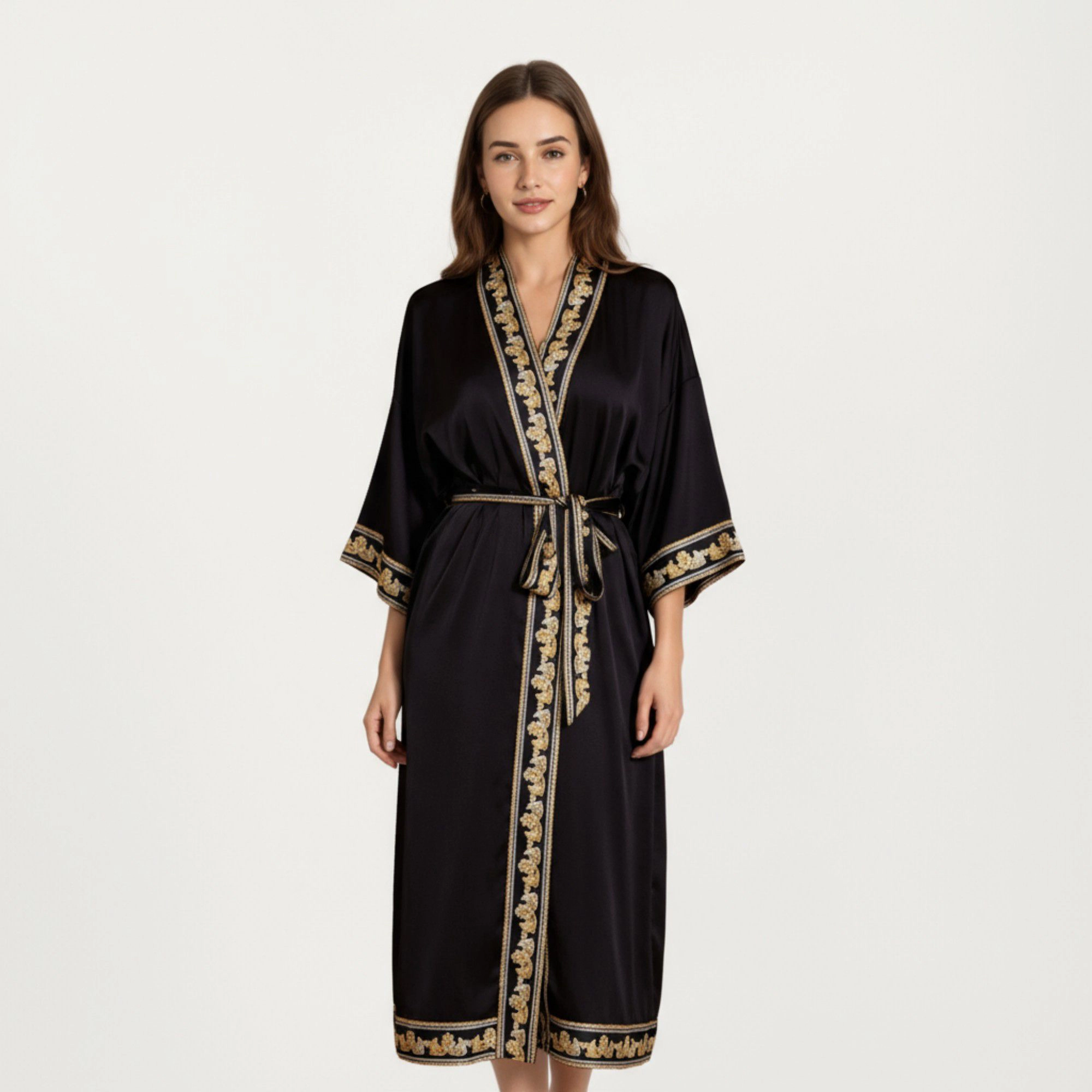 Anna-Kaci Women's Satin Long Robe with Embroidered Trim and Wide Sleeves