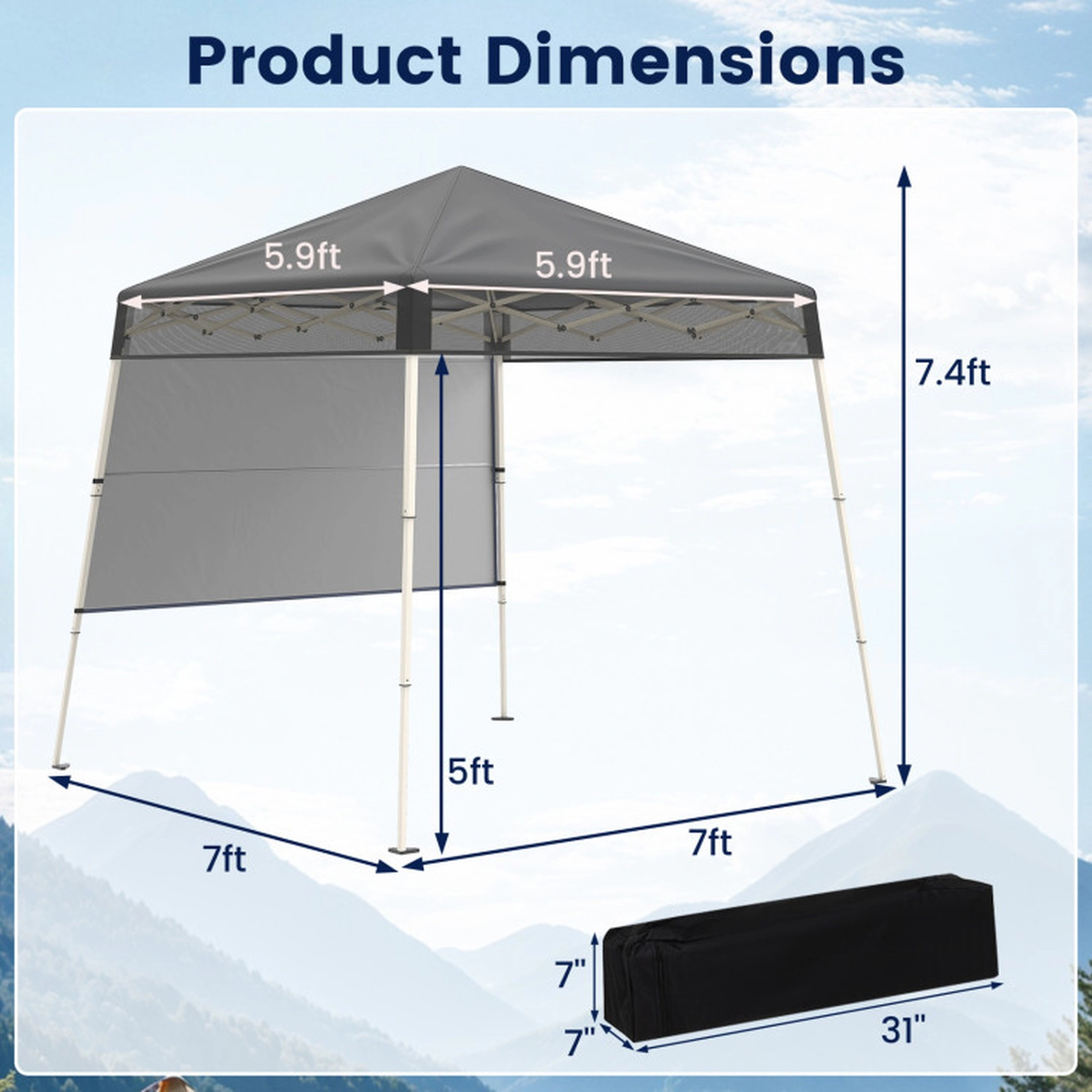 SUGIFT Gray Instant Slant Leg Pop Up Canopy Tent with 1 Half Sidewall and Anchor Plates 7-ft W 7-ft D 7.4-ft H