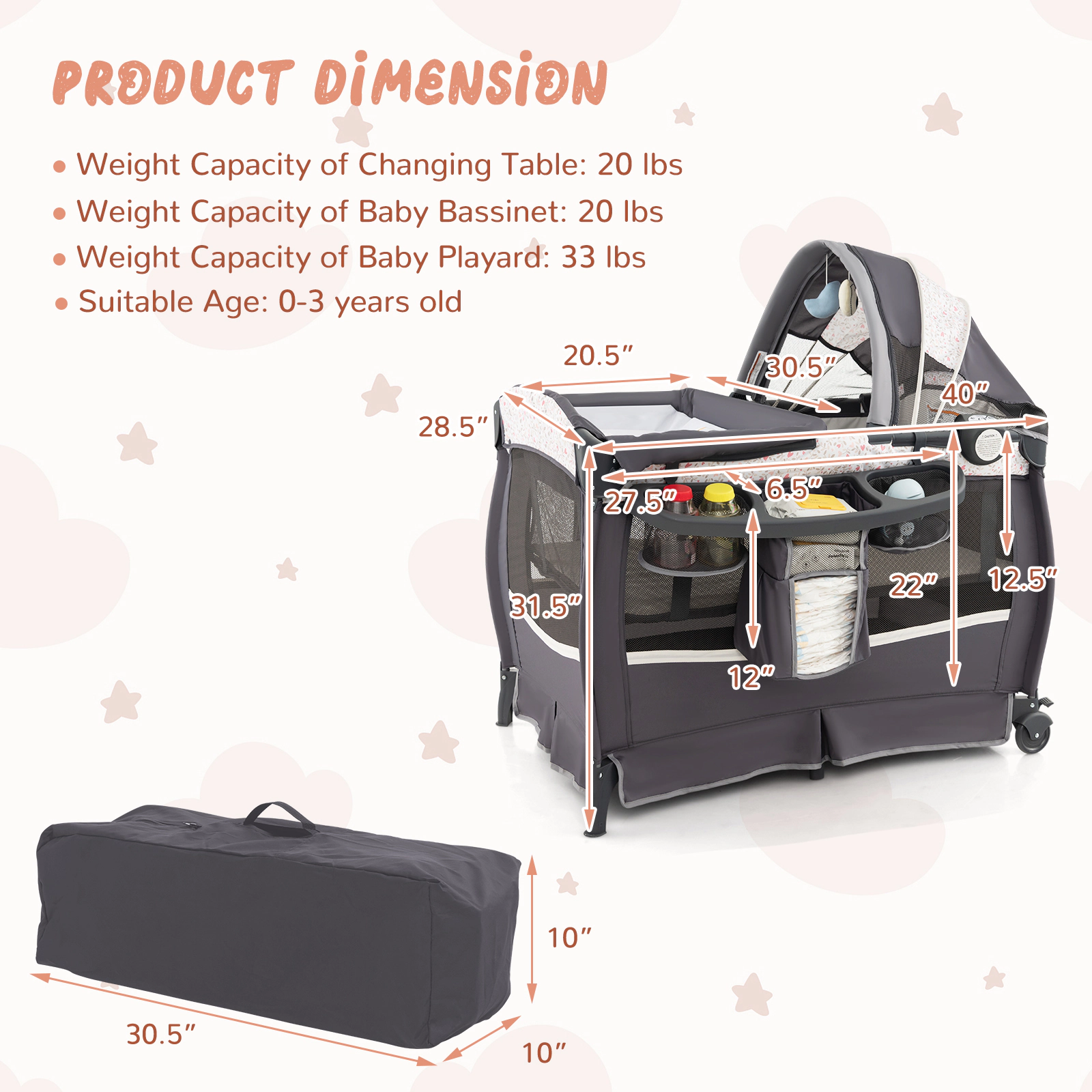 SUGIFT 4-in-1 Portable Pack and Play Baby Nursery Center with Bassinet 33-lb Capacity Ages 0-3 Years Black/Gray