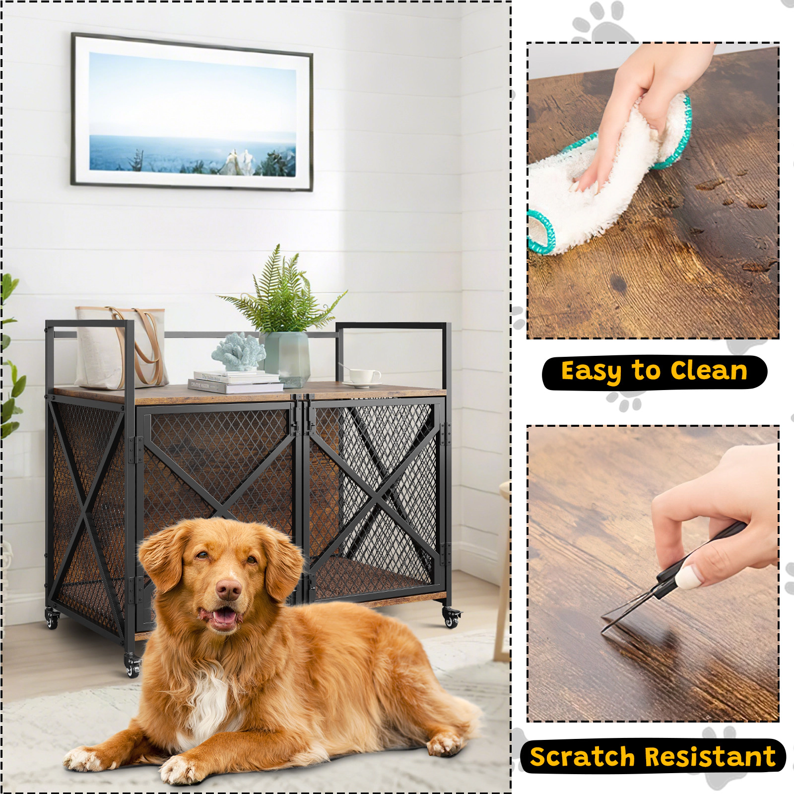Farmhouse Style Dog Crate Furniture with 360° Wheels & 4 Latches, Heavy Duty End Table for Living Room, Rustic Brown