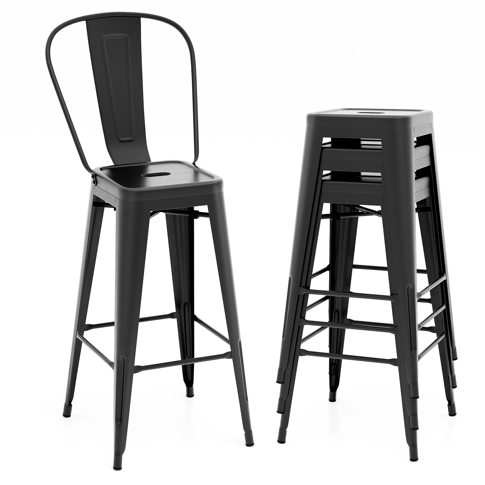 SUGIFT Set of 4 Black 30 in Bar-Height Metal Bar Stools with Removable Backrests