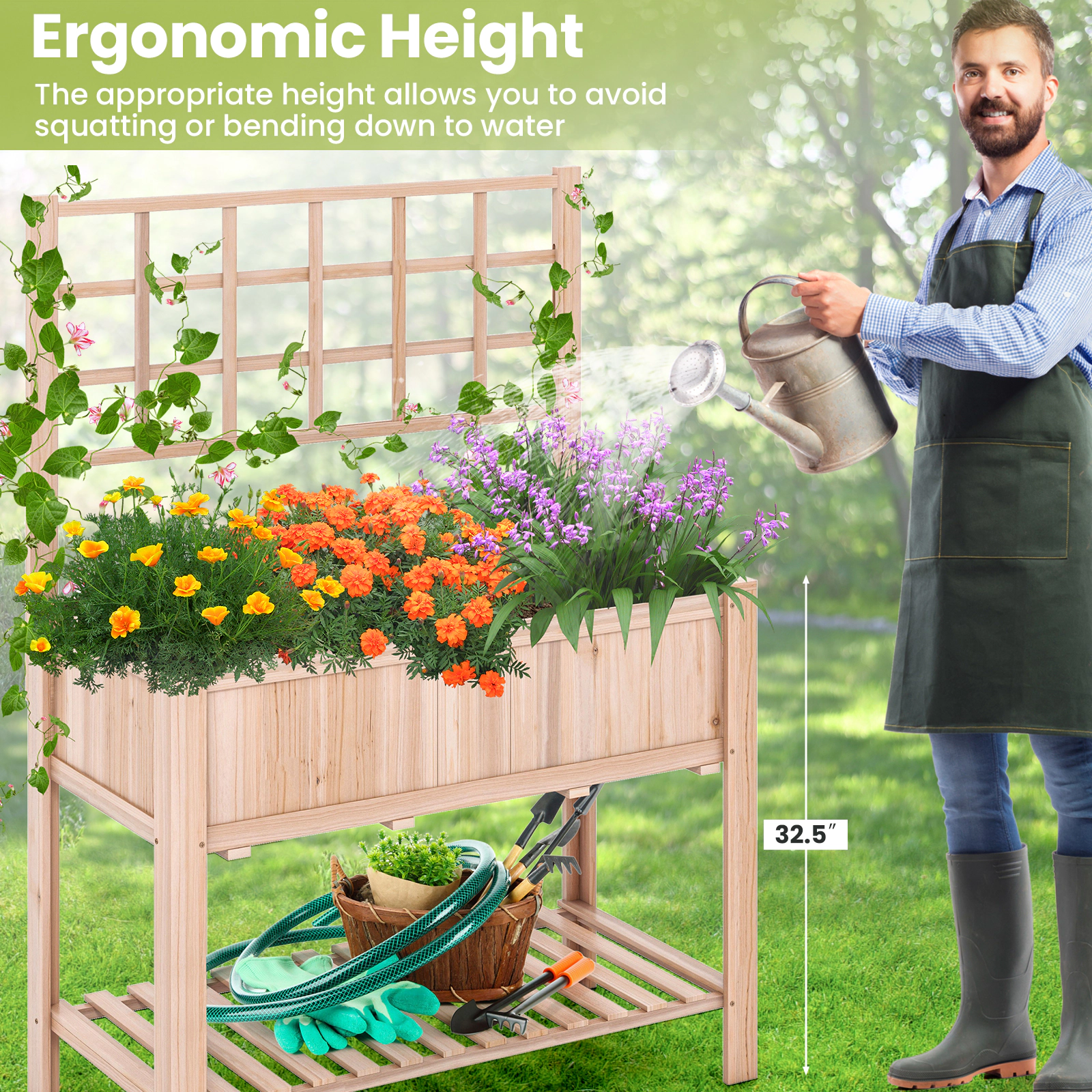 LJG Raised Garden Bed Elevated Wooden Planter Box with Trellis