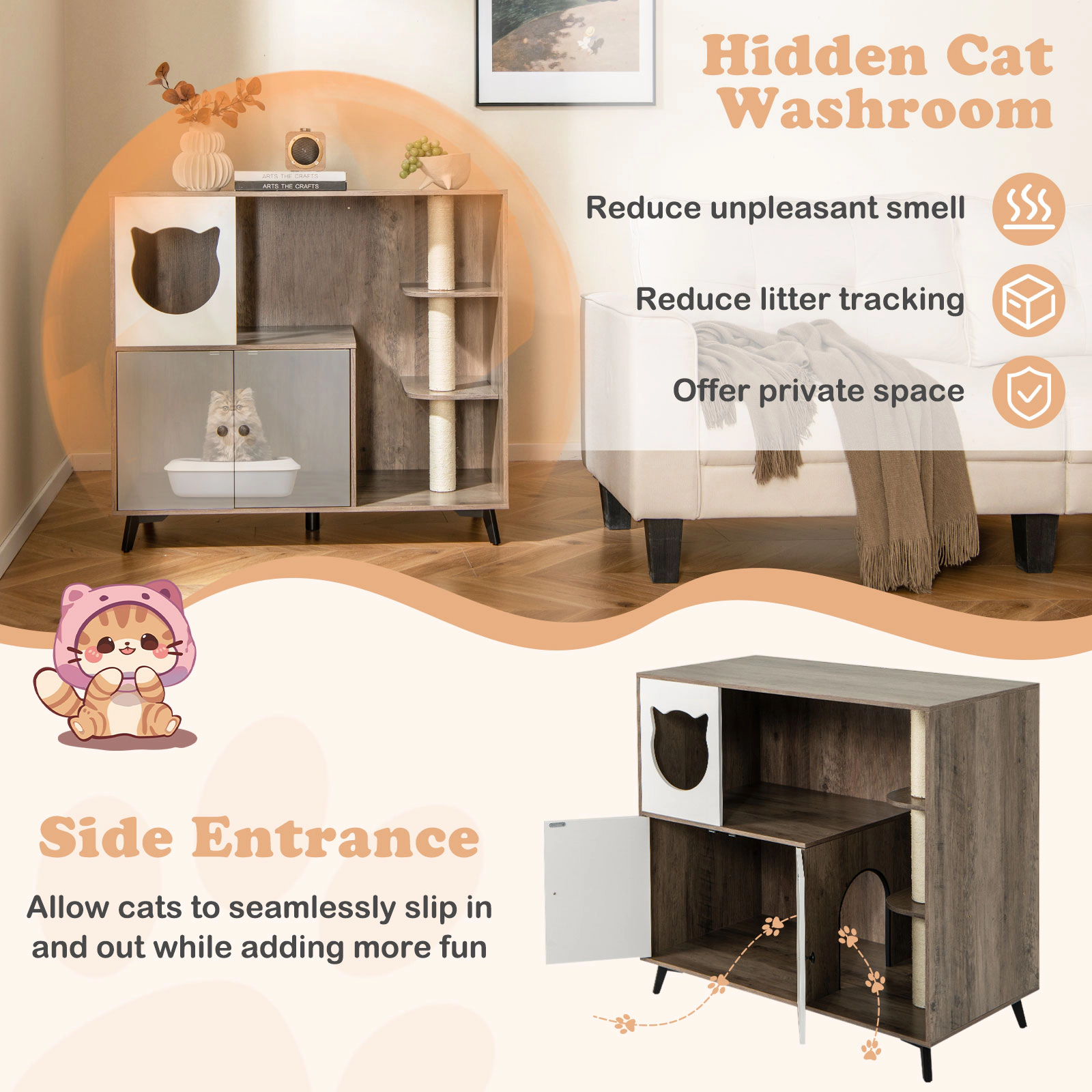SUGIFT 40 x 36-in 66-lb Layer Capacity Natural Cat Litter Box Enclosure Cat Condo with 3 Sisal Scratching Posts