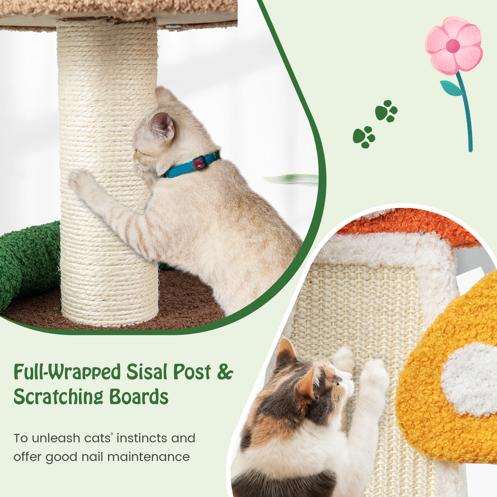 SUGIFT 4-in-1 Mushroom Cat Tree with Condo, Spring Ball and Sisal Posts 40.5-in Tall 22-lb Capacity Multicolor