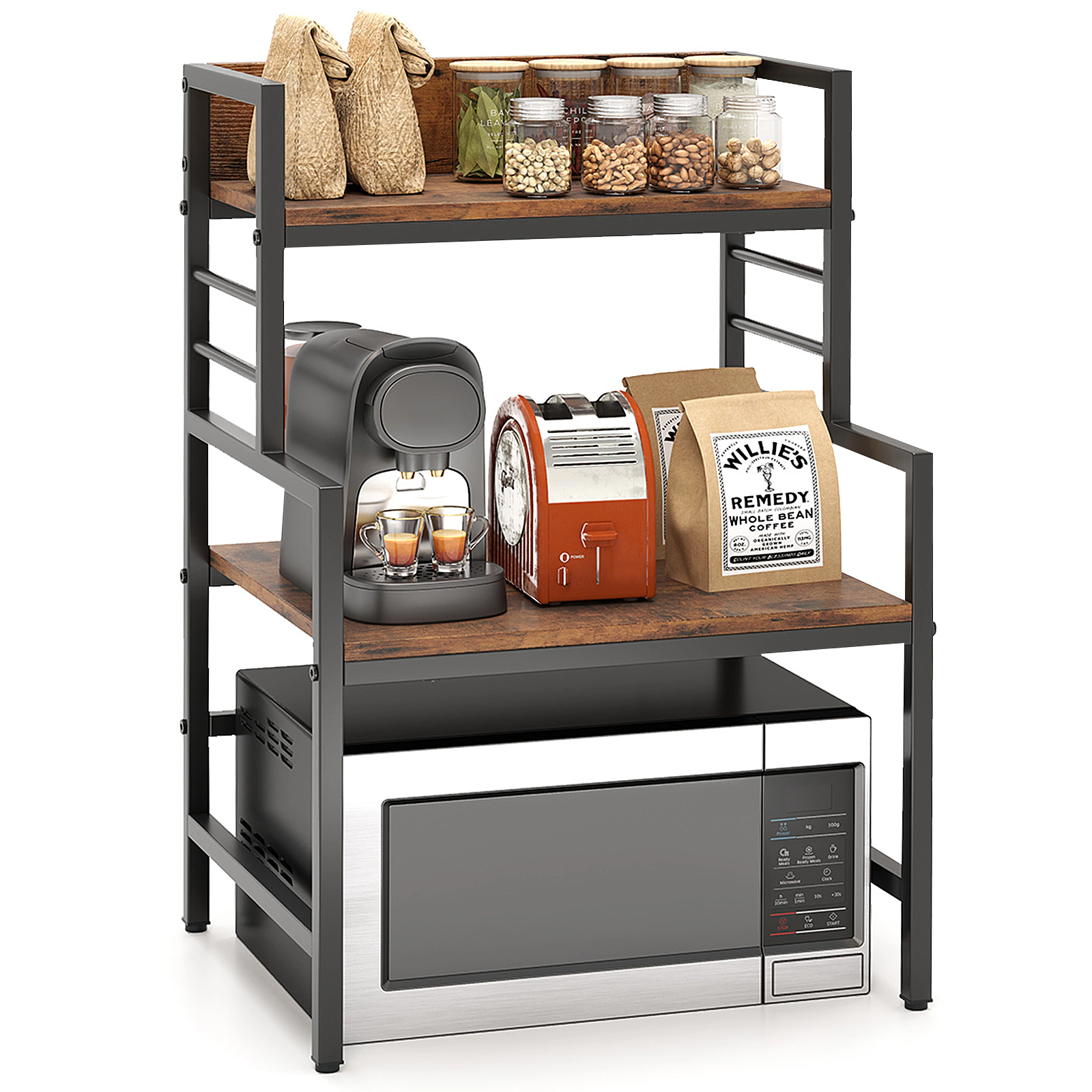SUGIFT 3-Tier Microwave Stand Rustic Brown with 2 Open Shelves and Metal Frame