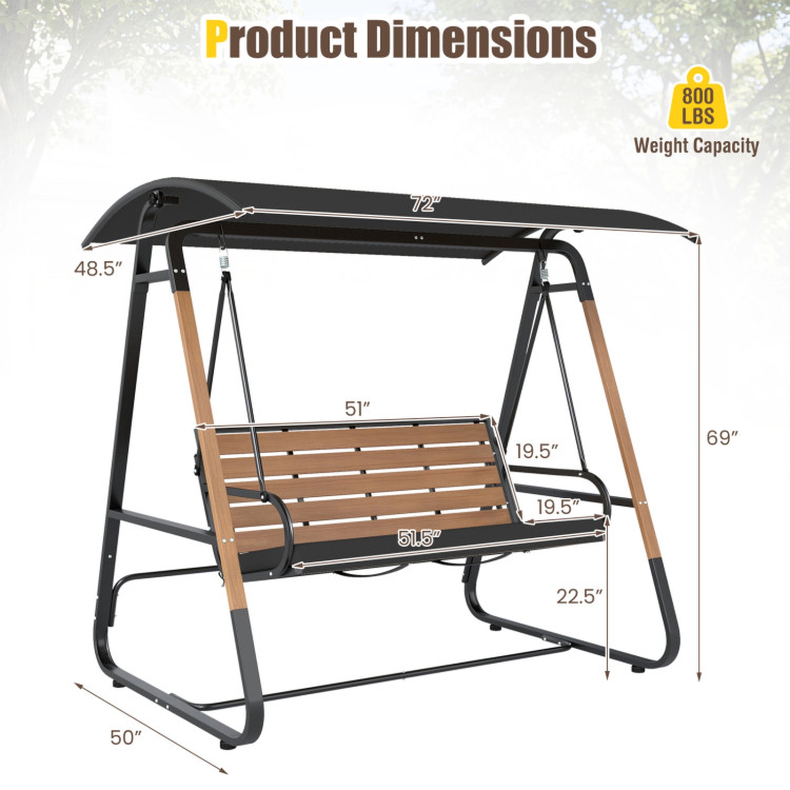 SUGIFT Black Adjustable Canopy and Slatted Seat 3-Person Porch Swing