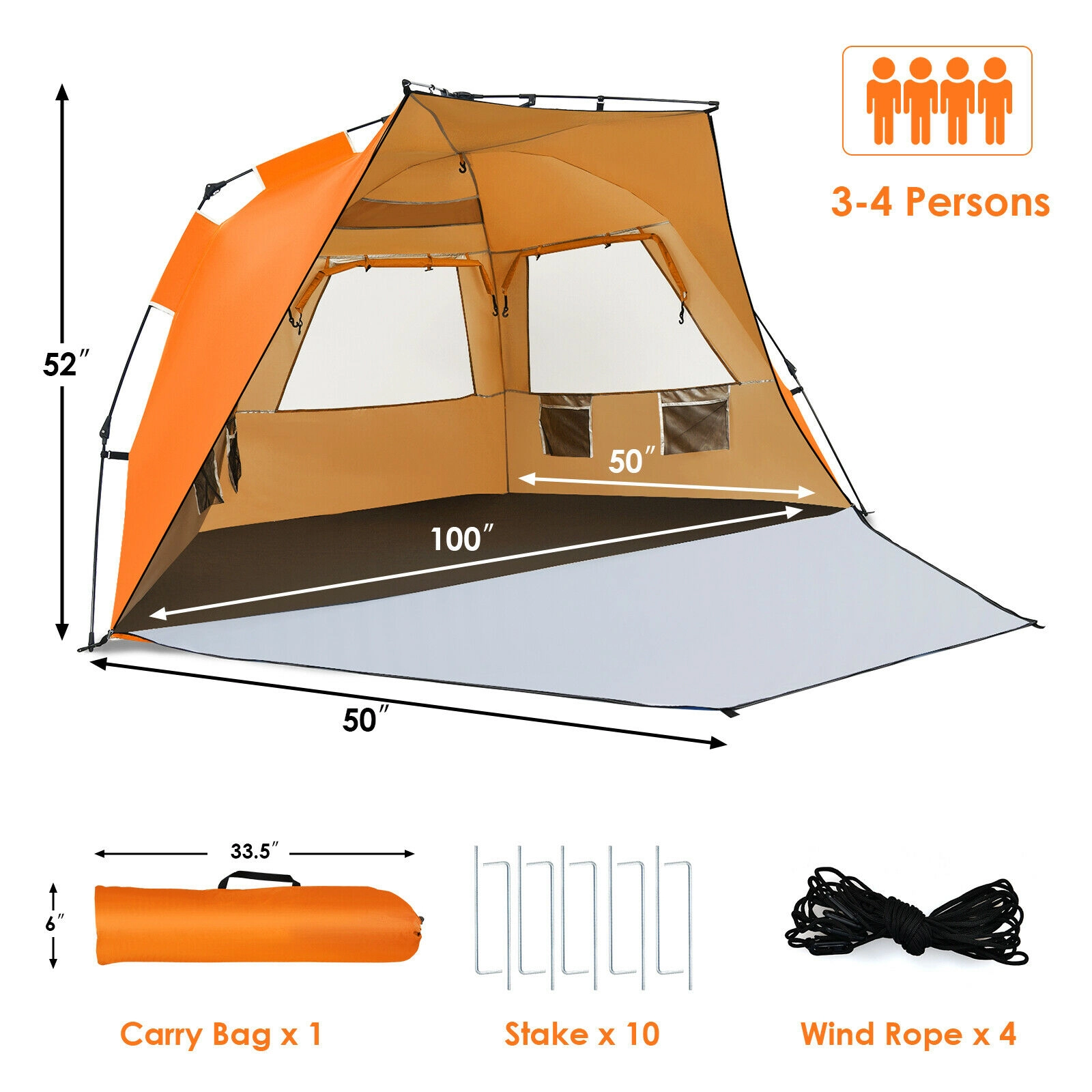 SUGIFT 3-4 Person Orange UPF 50+ Pop Up Beach Tent with 50-in Front Porch and 4 Pockets 100-in W 50-in D 52-in H