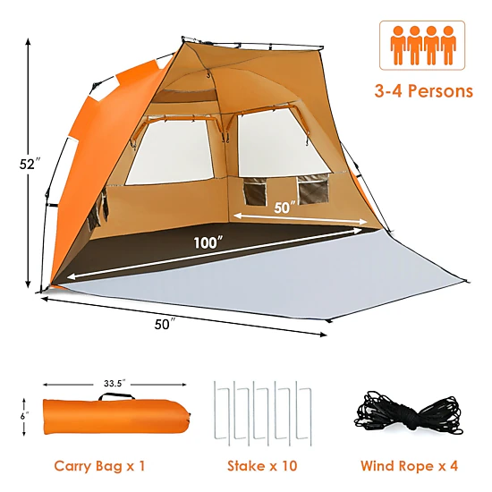 SUGIFT 3-4 Person UPF 50+ Pop Up Beach Tent with 50-in Front Porch and ...