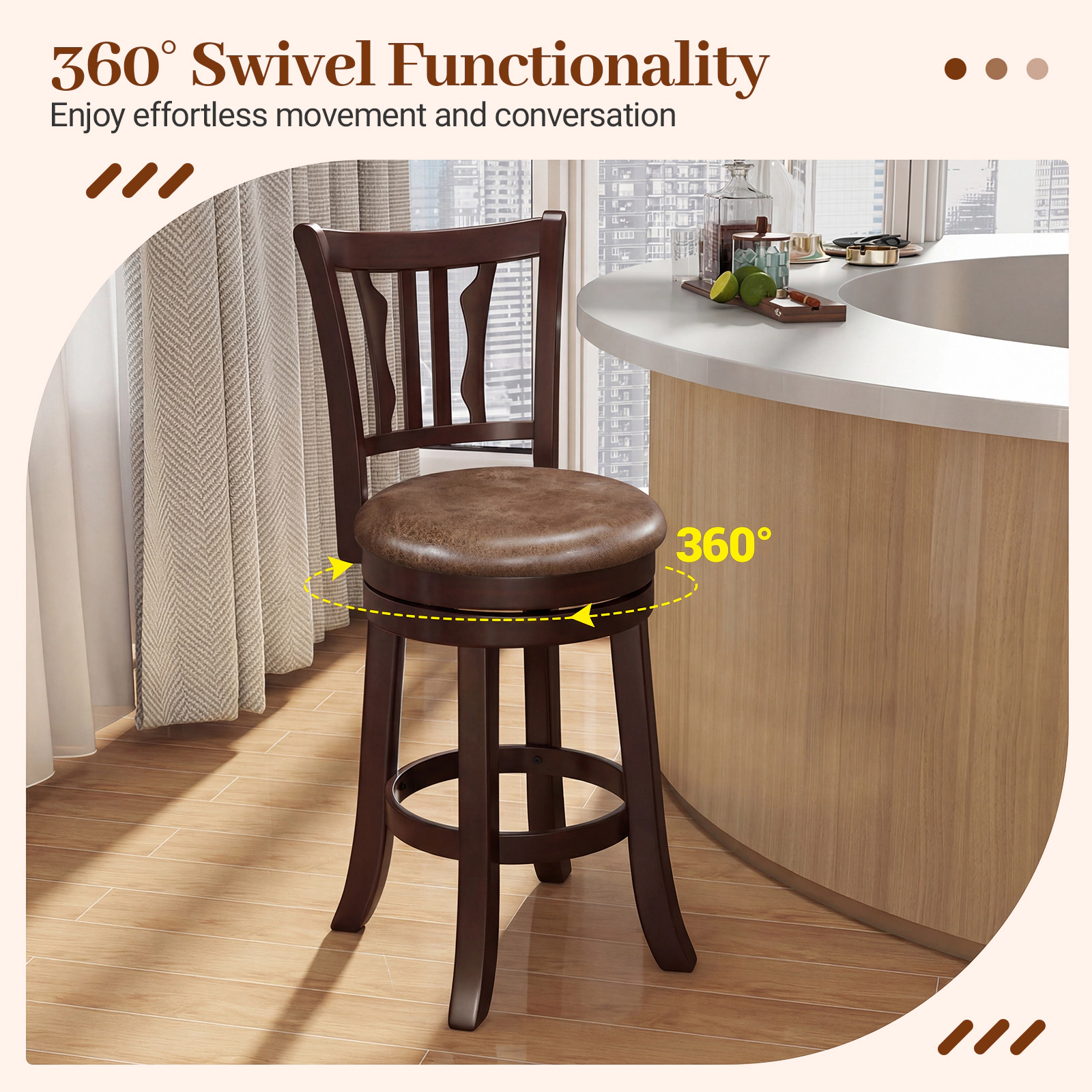 SUGIFT 360° Swivel Counter Height Bar Stools Set of 2 with Back 400-lb Capacity 26-in Seat Height Cappuccino