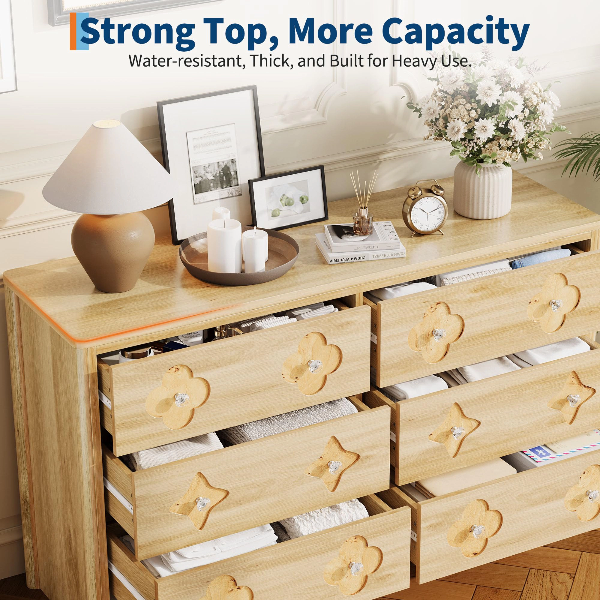 47.2" Wide 6 Drawer Wood Dresser with Crystal Knobs, Bedroom Storage Chest TV Stand Organizer