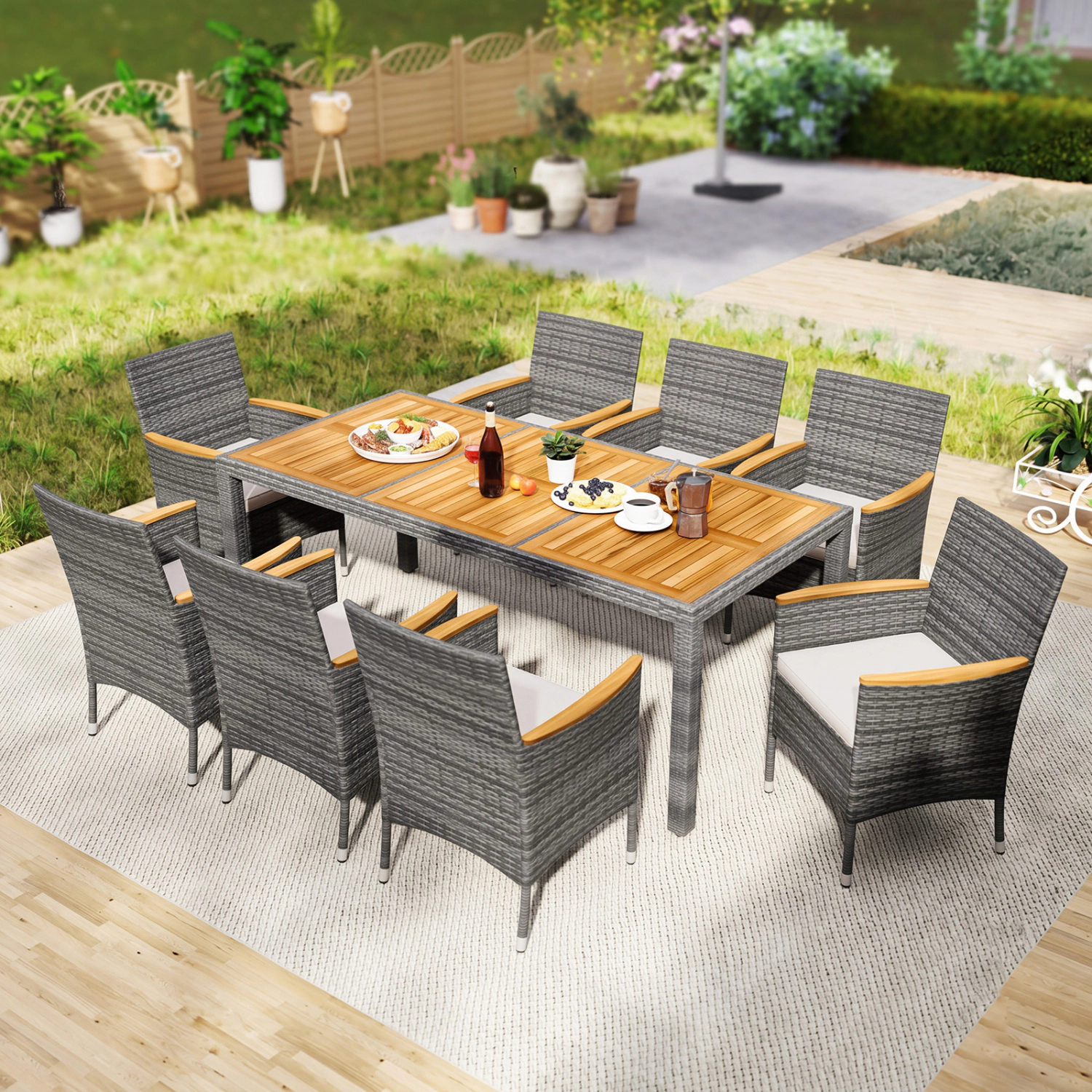 LJG 9 Pieces Rattan Patio Dining Set with Acacia Wood Table and Cushioned Chair