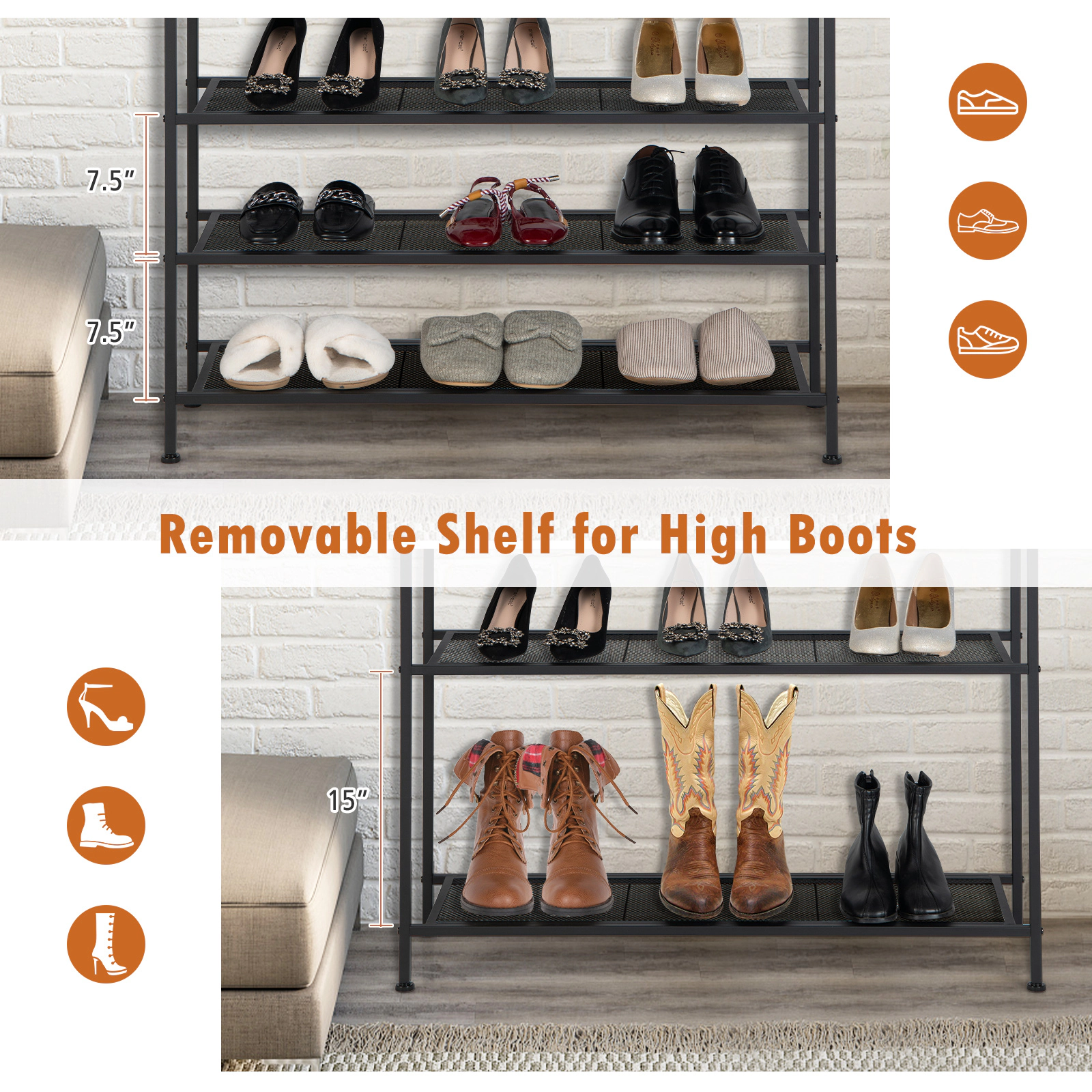 SUGIFT Rustic Brown 4 Mesh Shelves for 16-20 Pairs 5-Tier Industrial Metal Shoe Rack