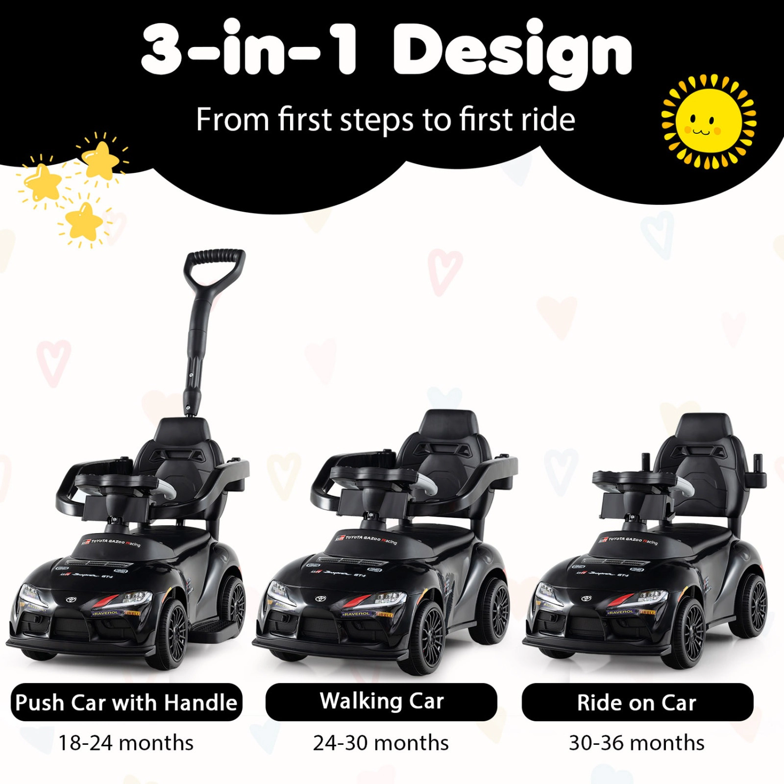 SUGIFT 3-in-1 Foot-to-Floor Push Ride-On Car with Parent Handle 44-lb Capacity Ages 1.5-5 Years Black Red Blue White