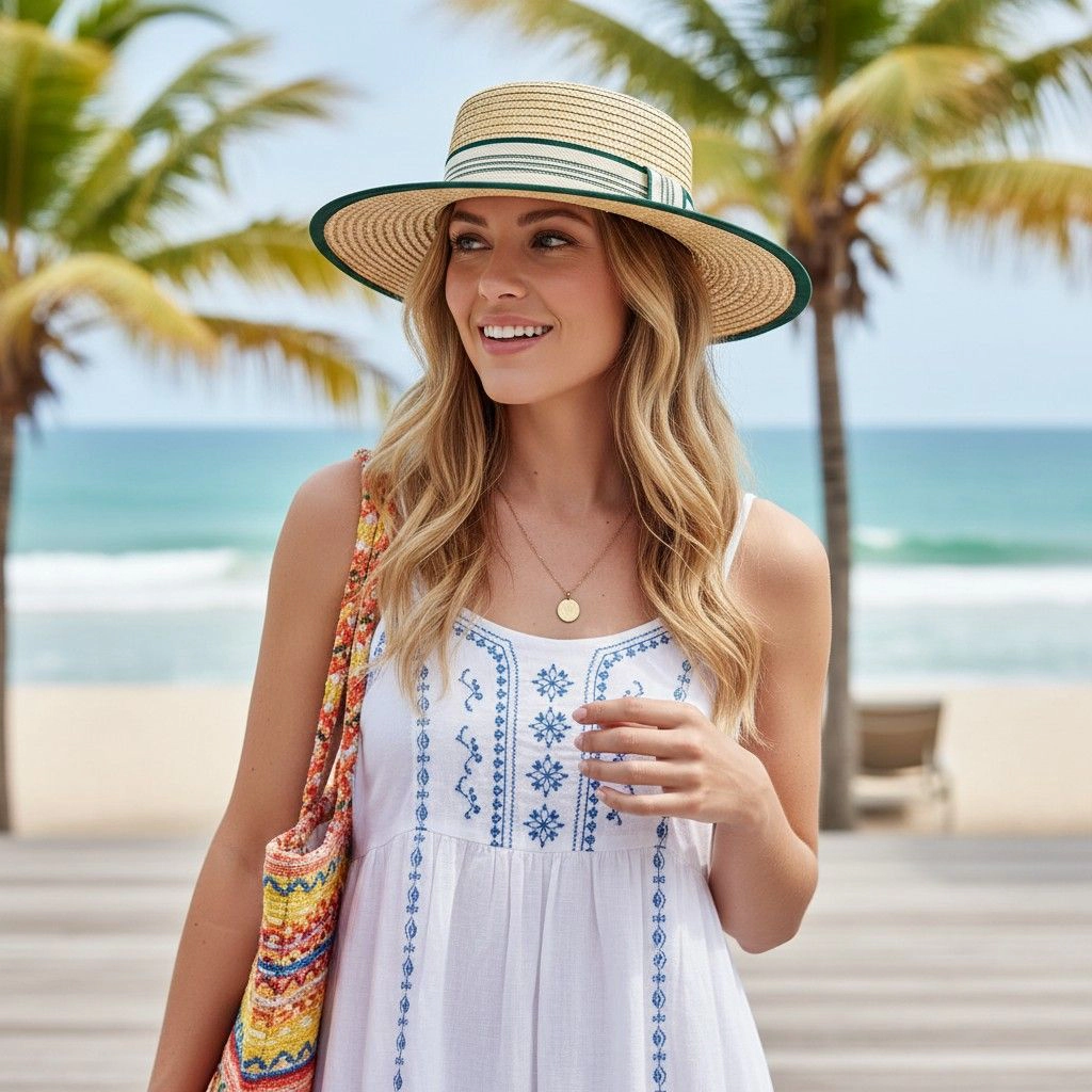 Anna-Kaci Women's Women Straw Boater Hat Wide Brim Summer Sun with Striped Band Trim