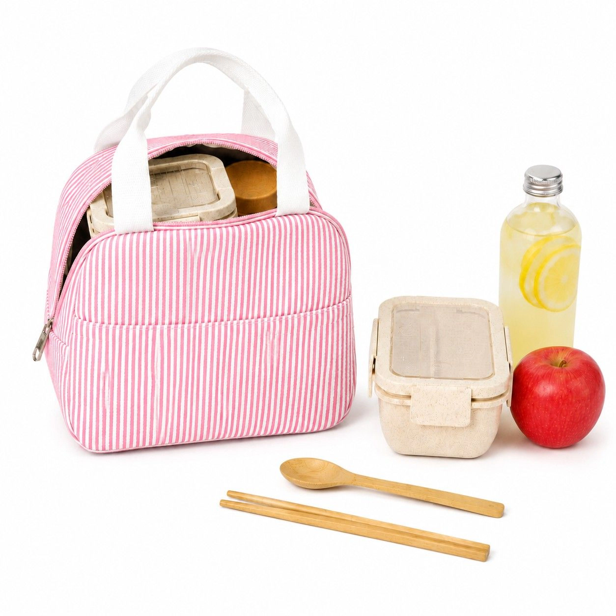 Alilang Women's Striped Insulated Lunch Tote Bag with Front Pocket and Zip Closure, Black Stripe