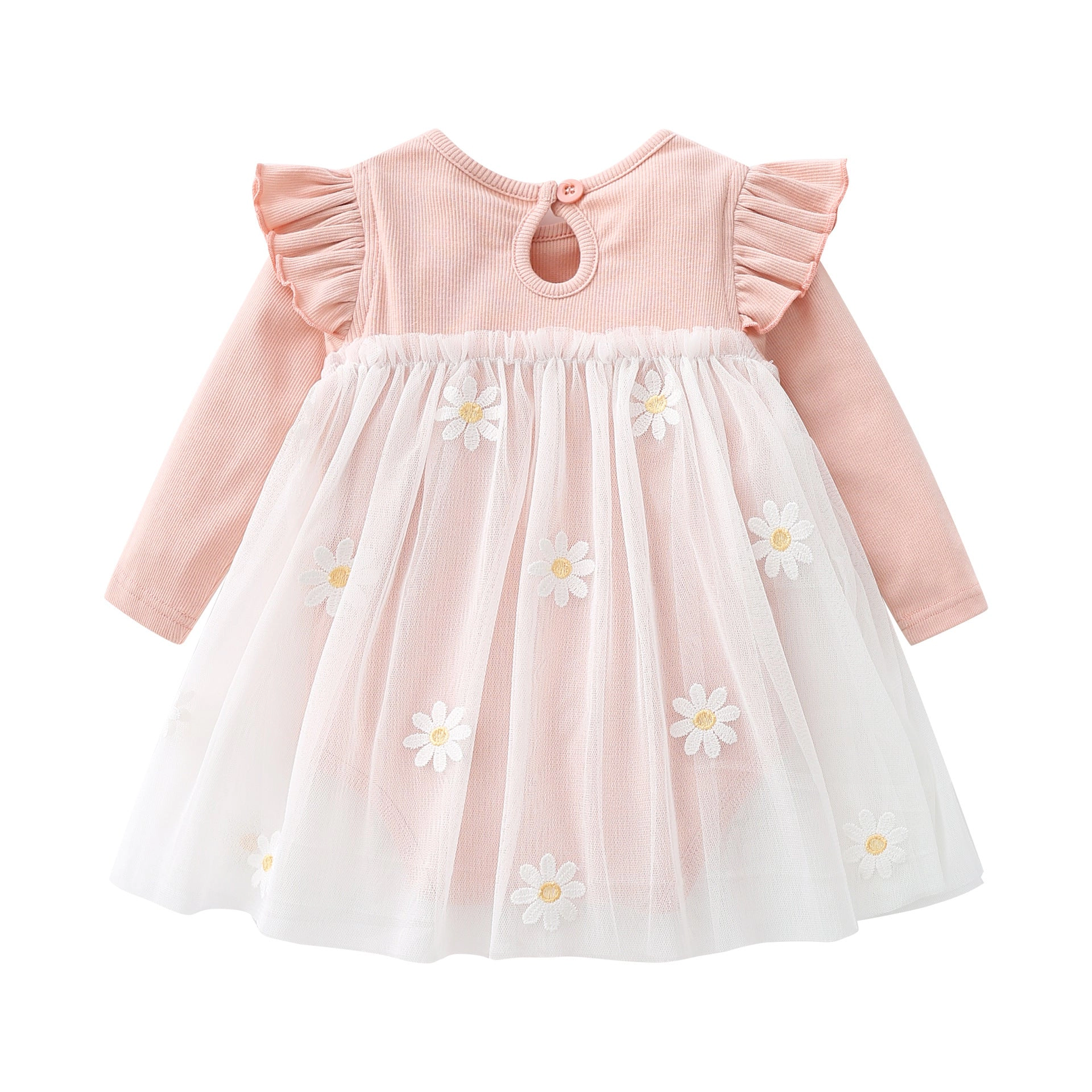 MyKids-USA Baby Girls Floral Lace Patchwork Design Ruffle Long-Sleeved Dress bodysuit In Spring & Autumn