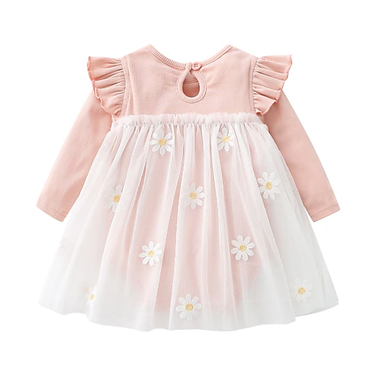 MyKids-USA Baby Girls Floral Lace Patchwork Ruffle Long-Sleeved Bodysuit Dress, Pink