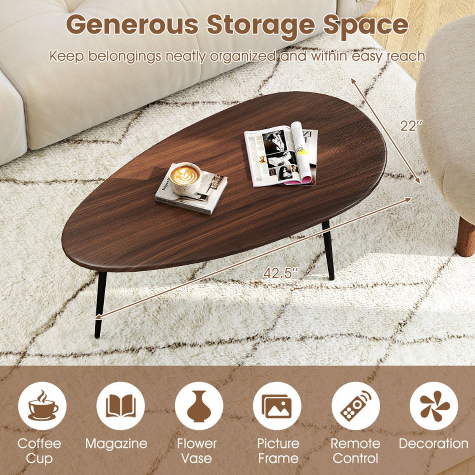 SUGIFT 42.5-in 99-lb Capacity Oval Mid Century Walnut Coffee Table with Metal Frame and Adjustable Pads