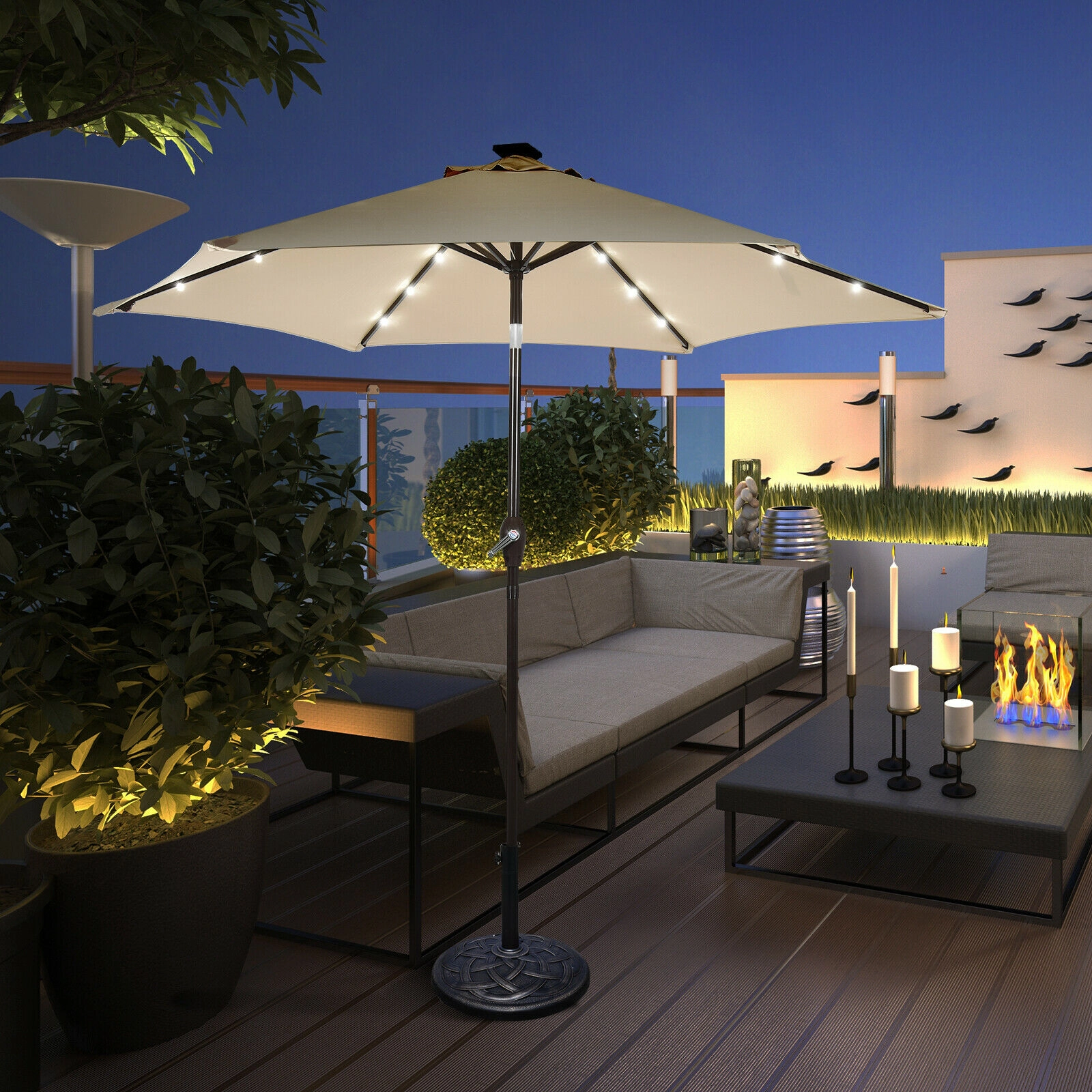 SUGIFT 9-ft Tan Solar LED Market Patio Umbrella with Crank Lift and Push-Button Tilt