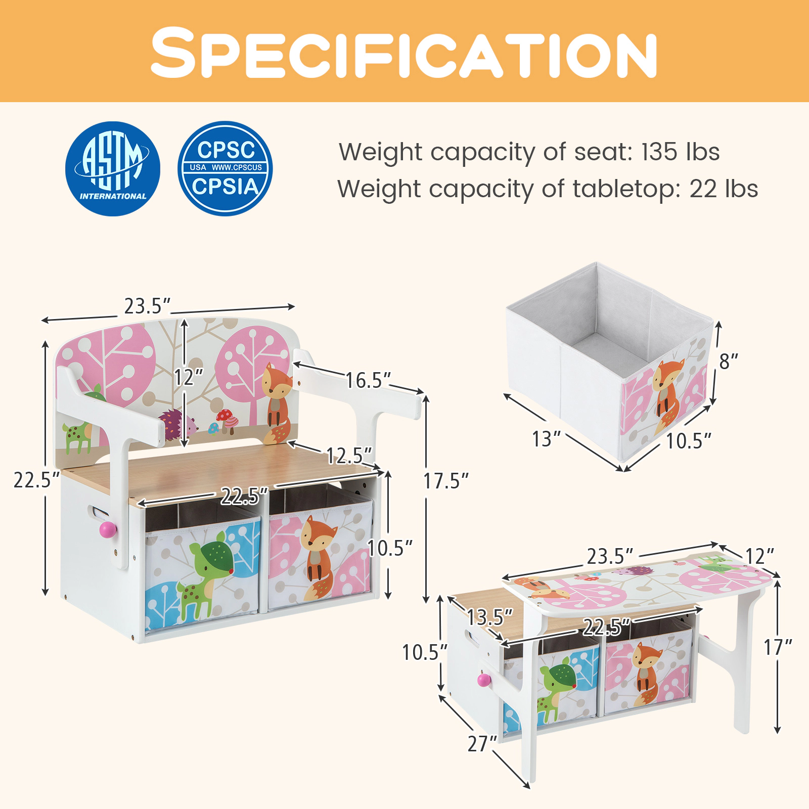SUGIFT 3-in-1 Kids Convertible Storage Bench, White, Table and Chair Set, 2 Fabric Bins