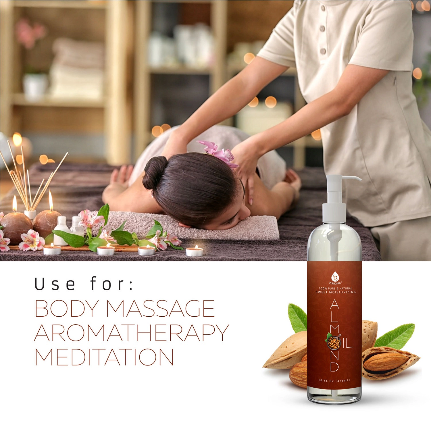 Pursonic Unisex 100% Pure & Natural Sweet Almond Oil 16 Oz.