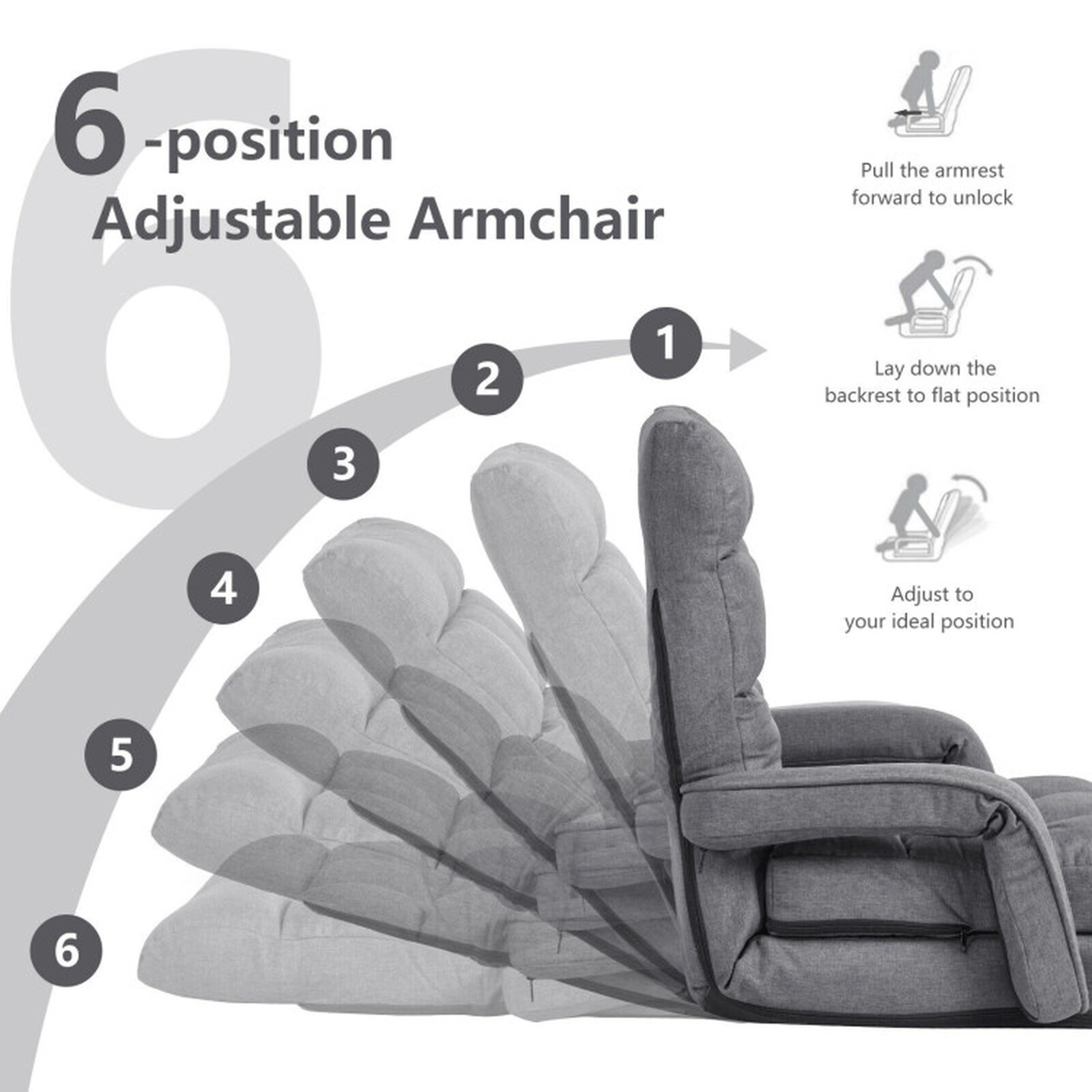 SUGIFT 6-Position Adjustable Gray Folding Floor Chair Sofa with Armrests Lumbar Pillow and Removable Cushion