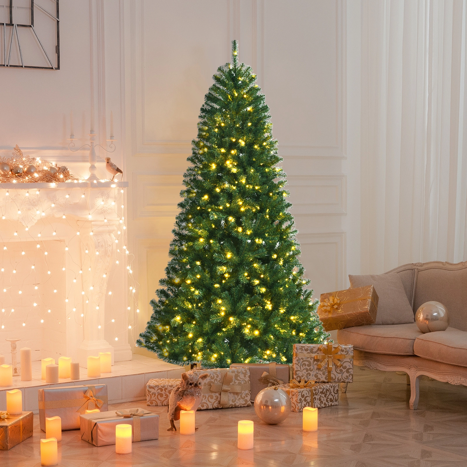 LJG Artificial Hinged Christmas Tree with Remote-Controlled Color-Changing LED Lights