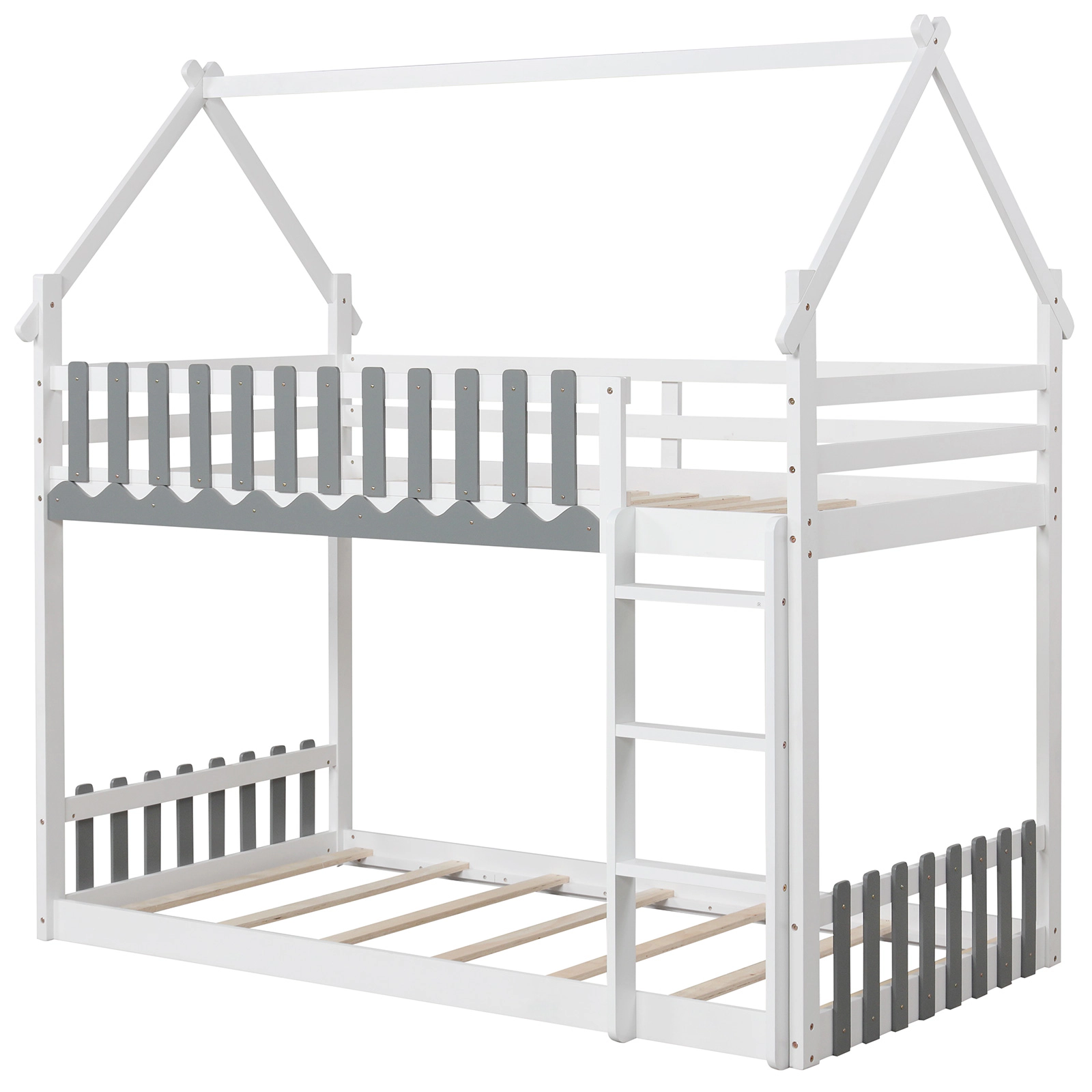 SUGIFT White House Frame Fence Rails and Ladder Twin Over Twin Kids Bunk Bed