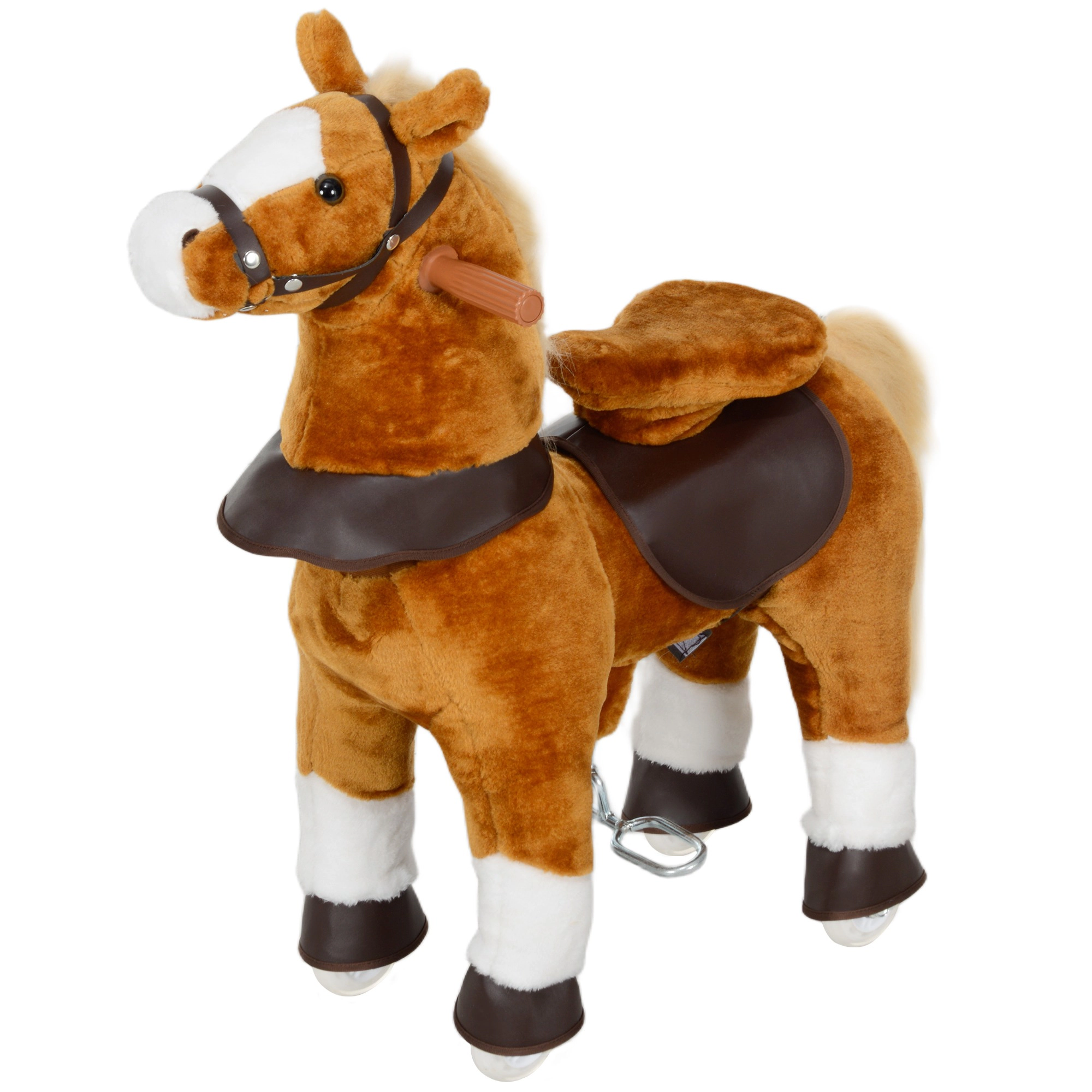 HONGGE Plush Ride-On Pony with Wheels, Neighing Sound & Handlebar, Holds up to 132 lbs, Ages 3-5, Brown